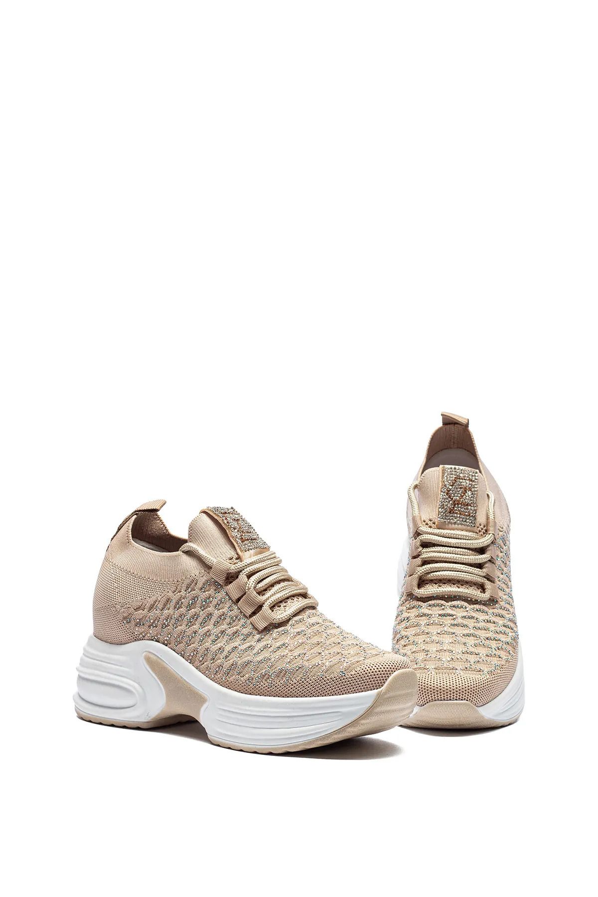 McDark KADIN BEYAZ GİZLİ TOPUK TAŞLI YÜKSEK TABAN TRİKO SNEAKER AYAKKABI
