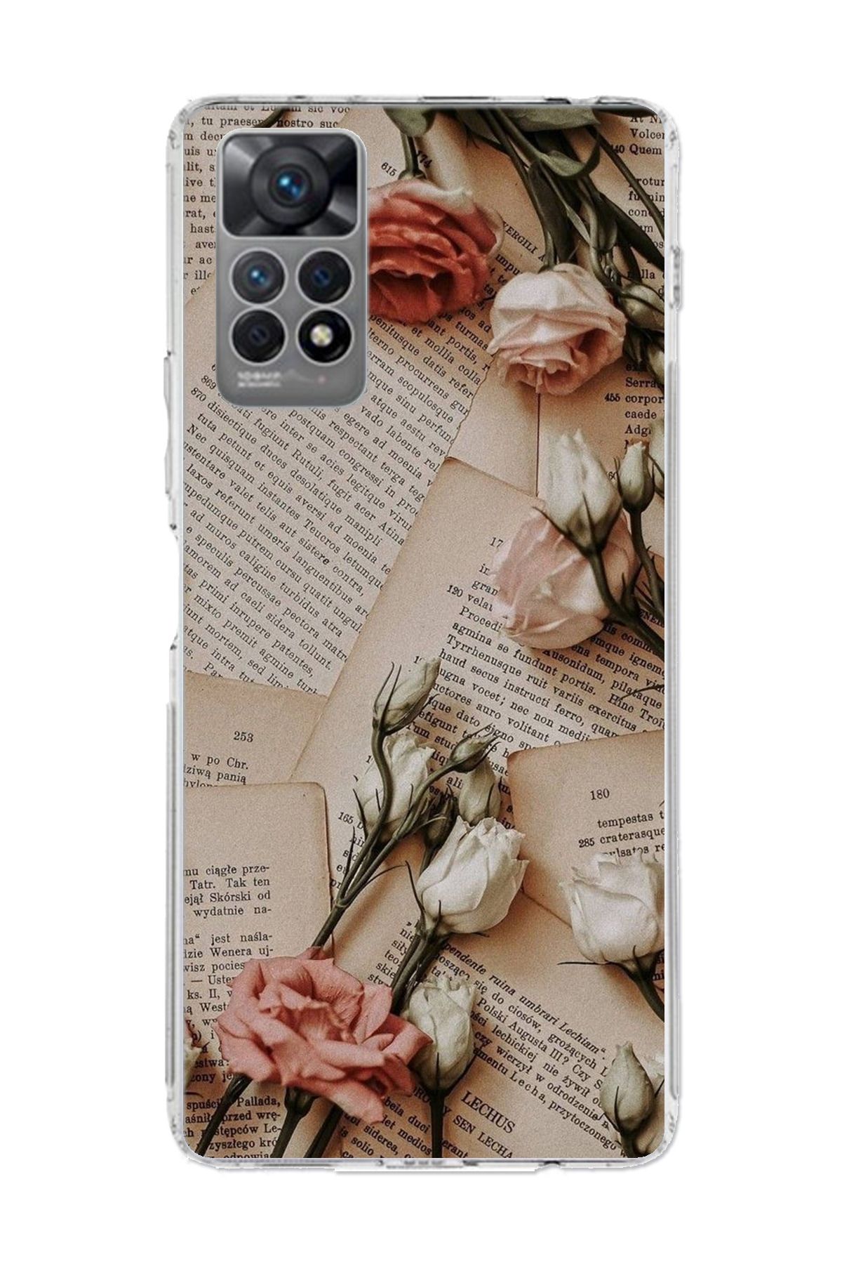 TechTree Redmi Note 12 PRO 4G Uyumlu Retro Gazete Güller Tasarımlı Şeffaf Silikon Kılıf
