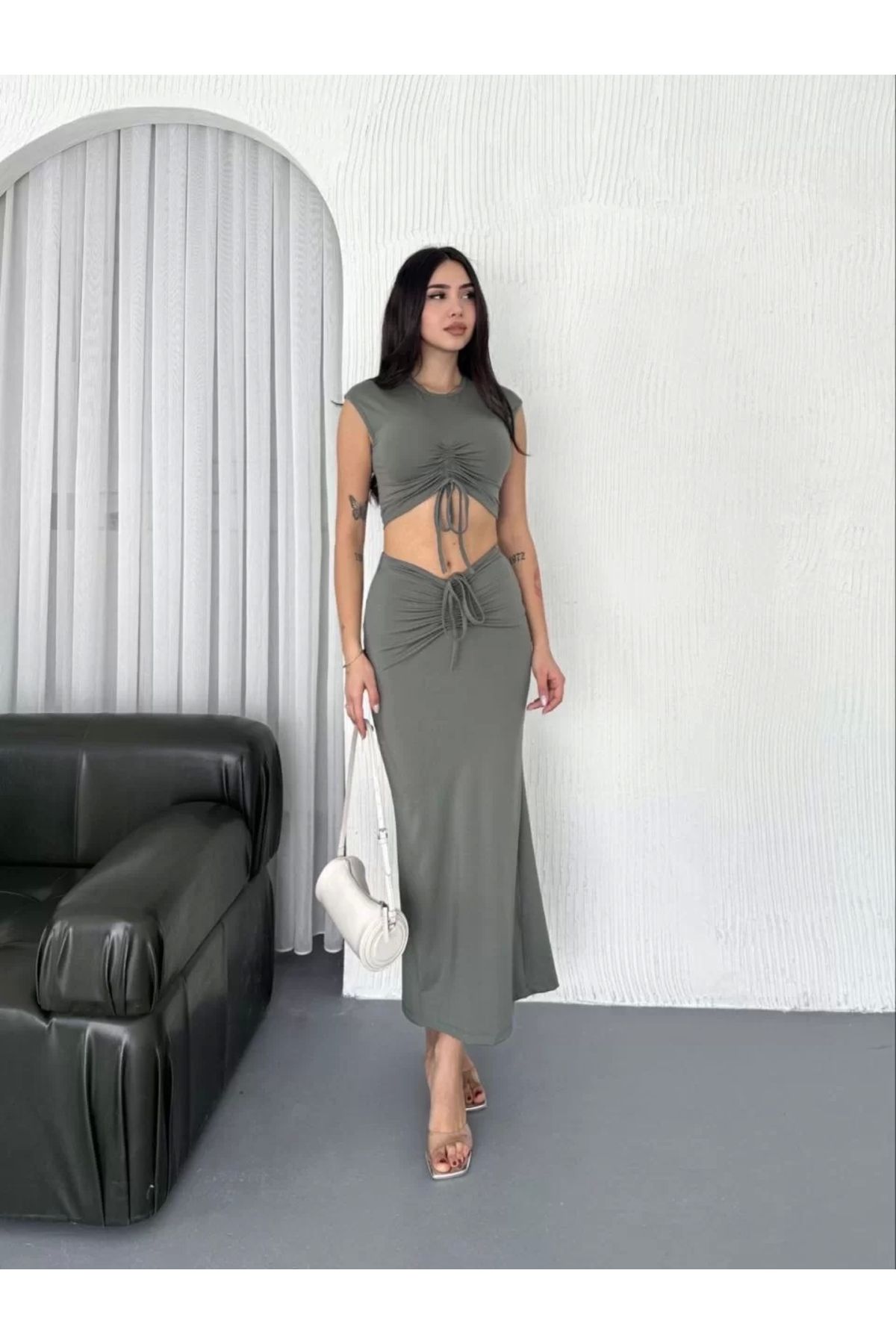 CVS Osy Modal Yumuşak Dokulu Kumaş Büzgülü Crop Etek Takım - Mint yeşili