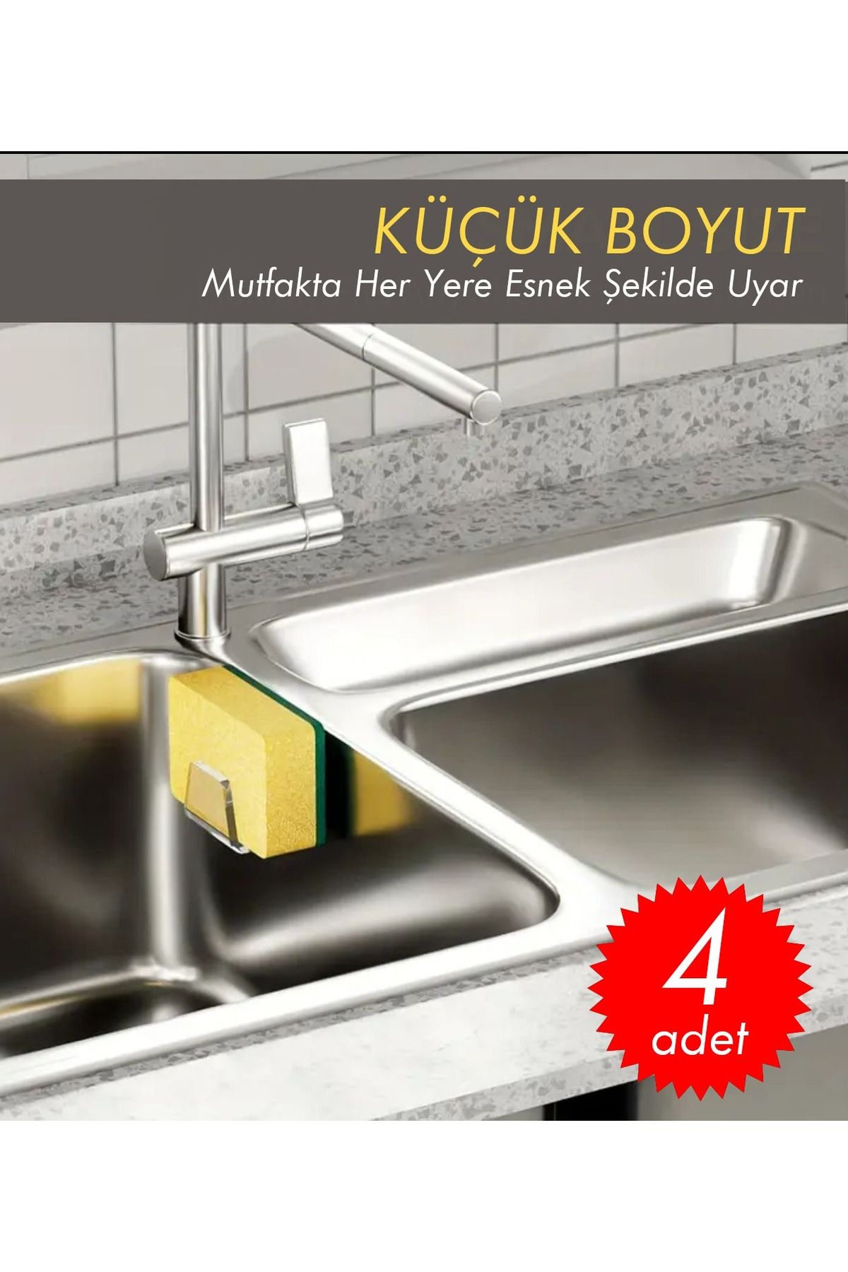 volo dekor - 4 ADET Yapışkanlı Pleksi Bulaşık Süngeri Tutucu Evye Düzenleyici Süngerlik