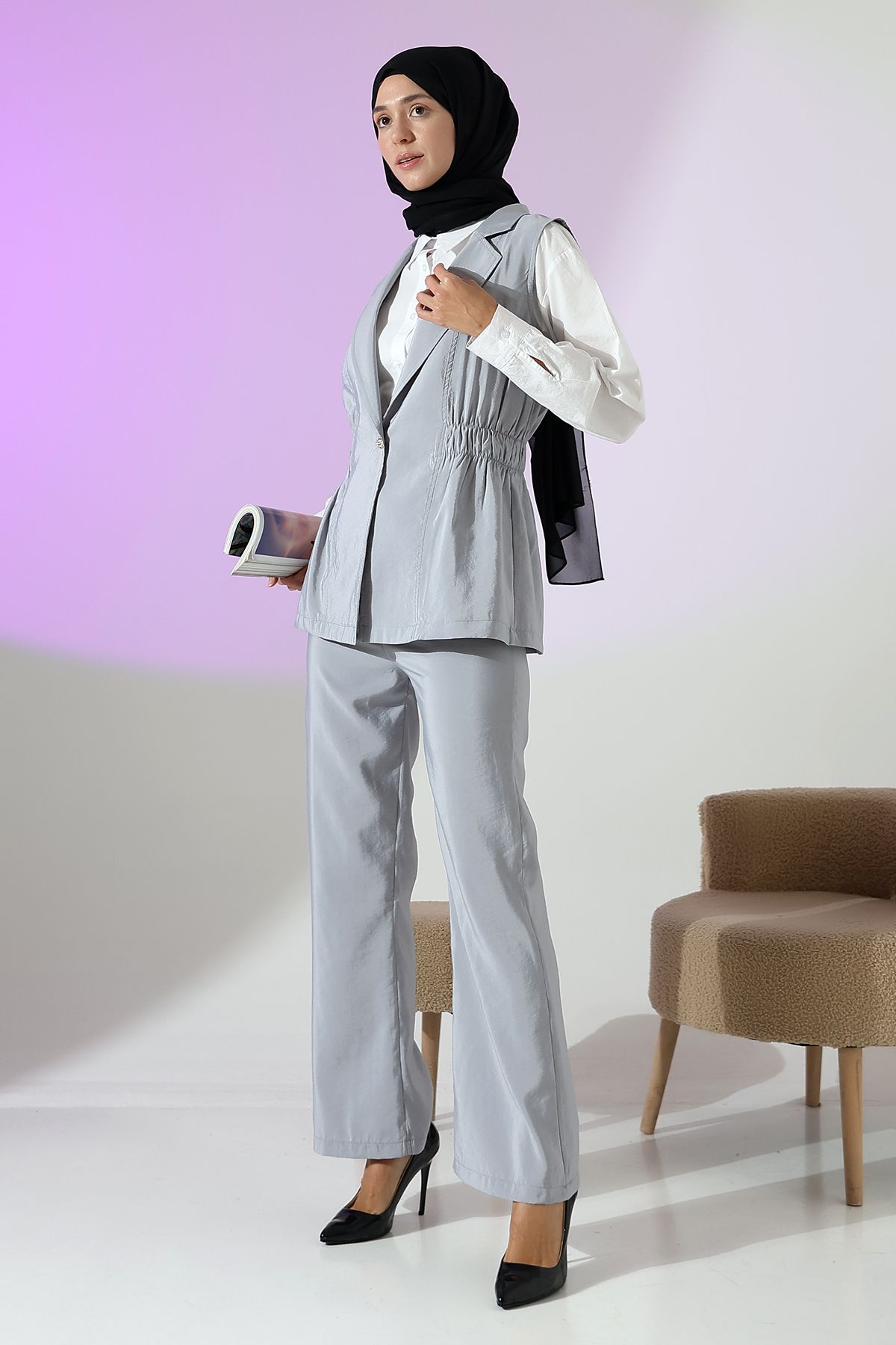 Mihran Butik-Women's 100% Cotton Modal Gray Vest Pants Suit 5
