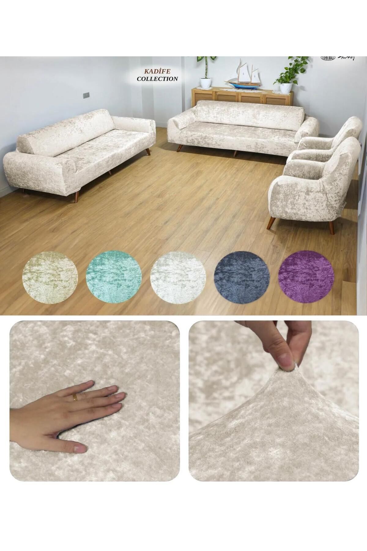 Home Geçirmeli Lastikli Kadife Koltuk Örtü Seti 3+3+1+1
