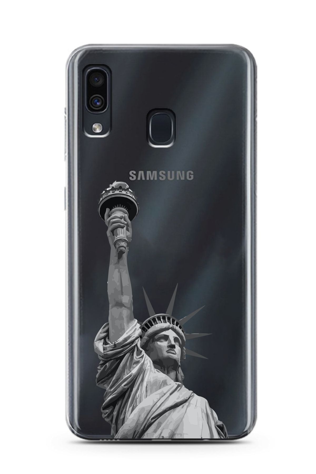 moonset Samsung Galaxy A20 / A30 Uyumlu Özgürlük Heykeli Tasarımlı Baskılı Şeffaf Telefon Kılıfı
