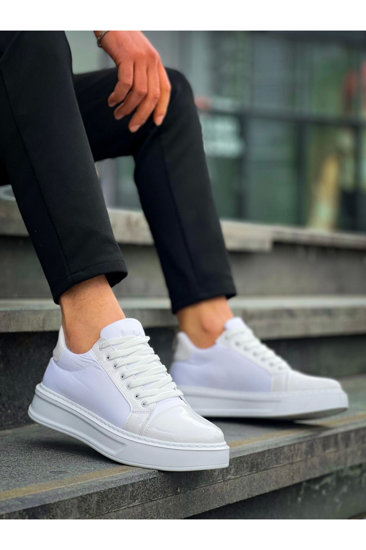 Shop58 Beyaz Rugan Yüksek Beyaz Taban Günlük Spor Ayakkabı