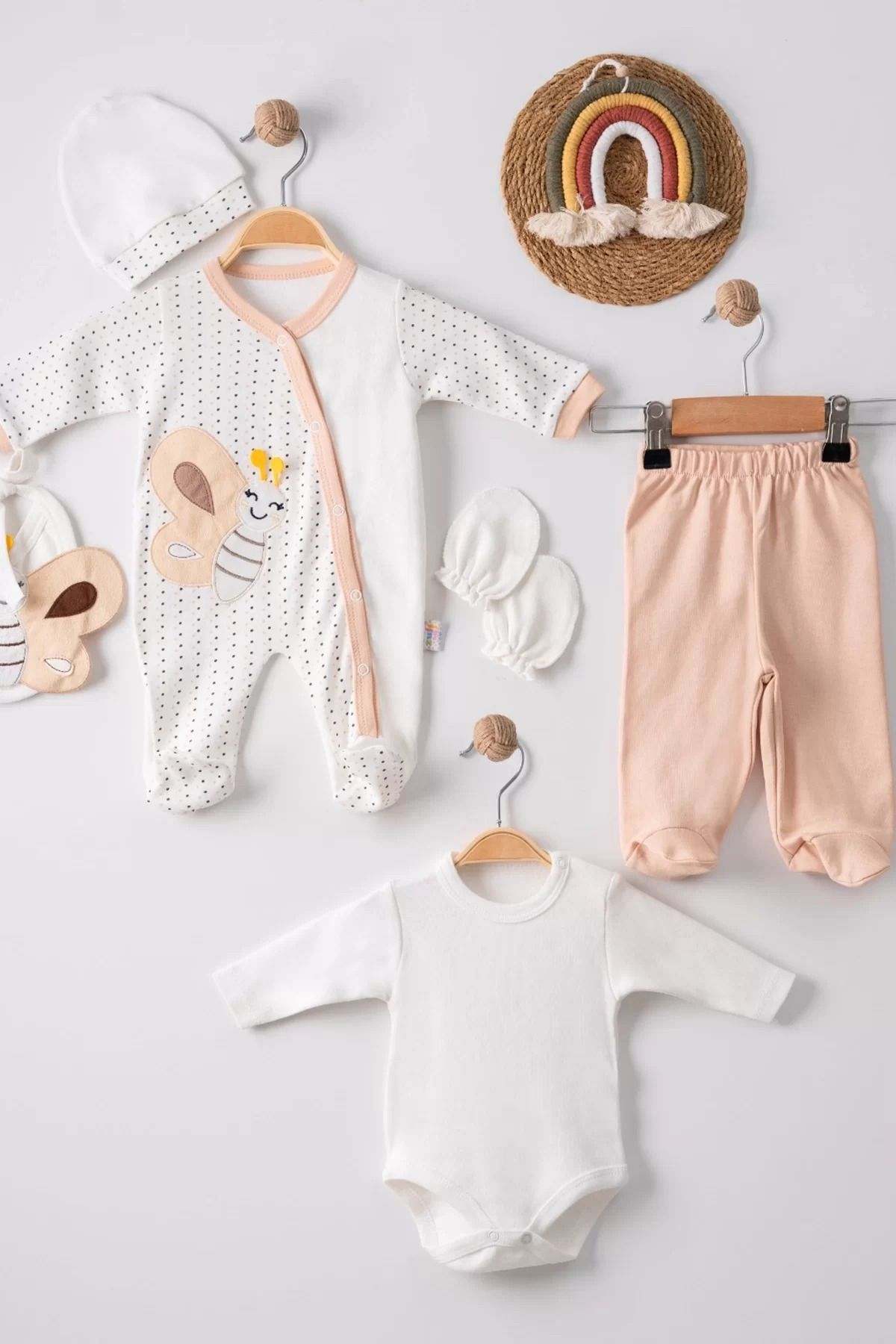 Shop58 Kelebek Nakışlı Tulumlu % 100 Pamuk Erkek Bebek 5'li Set