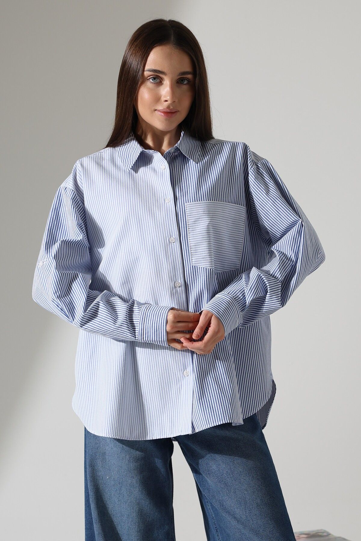 Corradeo Giyim YENİ SEZON Poplin Kumaş Oversize Çizgili Apolitli Tasarım Gömlek