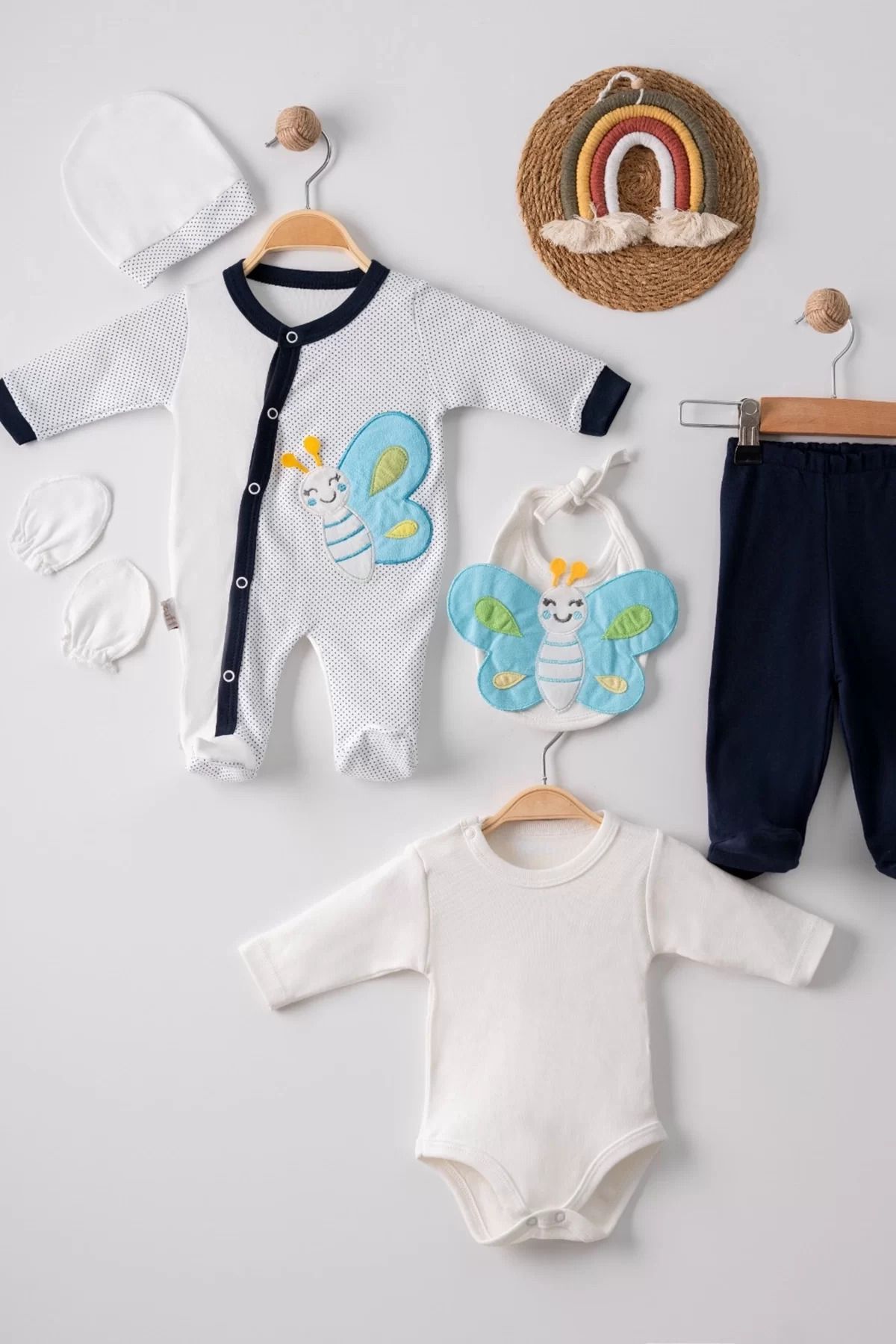 Shop58 Kelebek Nakışlı Tulumlu % 100 Pamuk Erkek Bebek 5'li Set