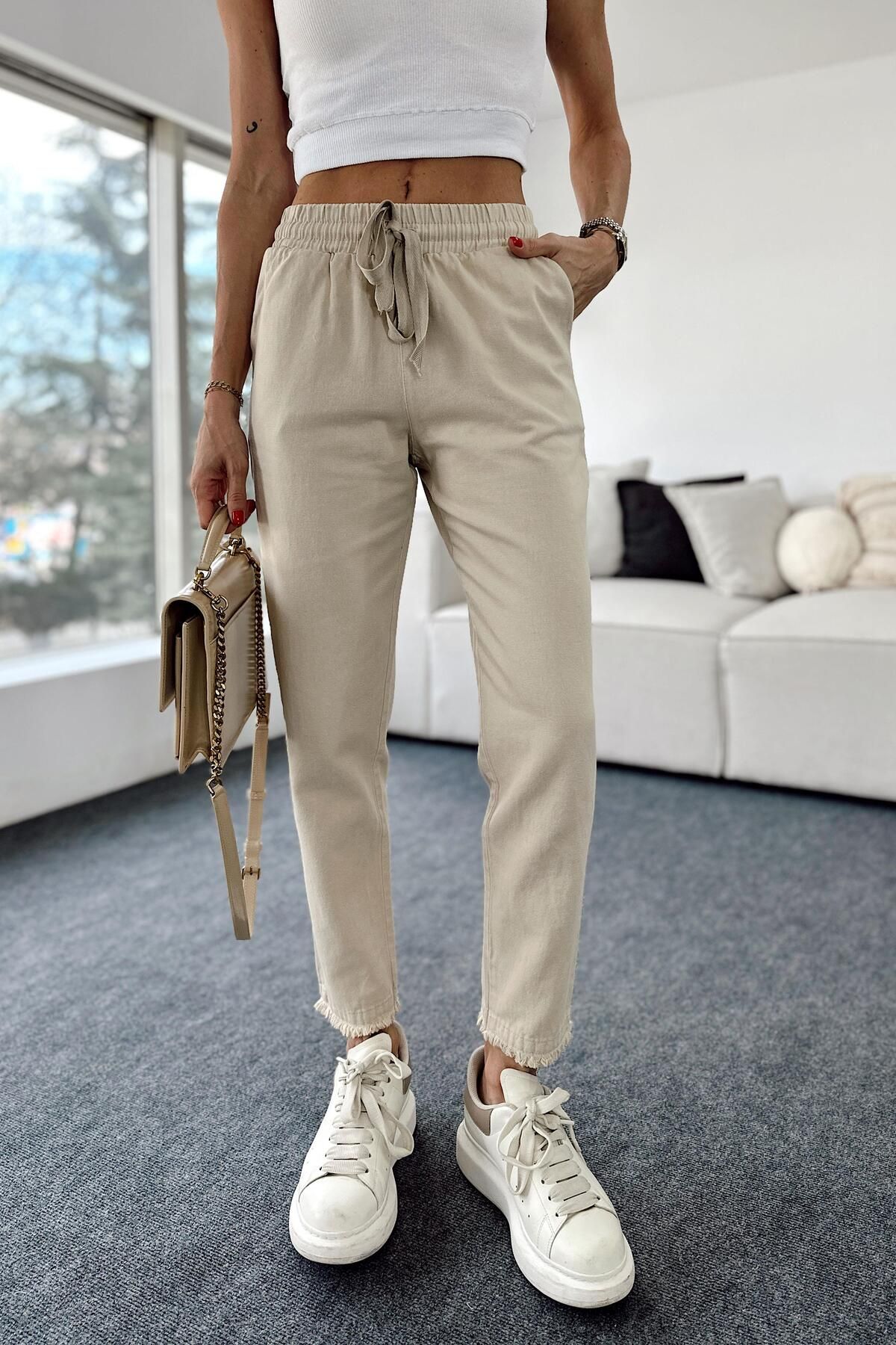 Butik Gardrop Premium Kalite Beli Lastikli Paçası Püskül Detay Gabardin Pantolon Taş