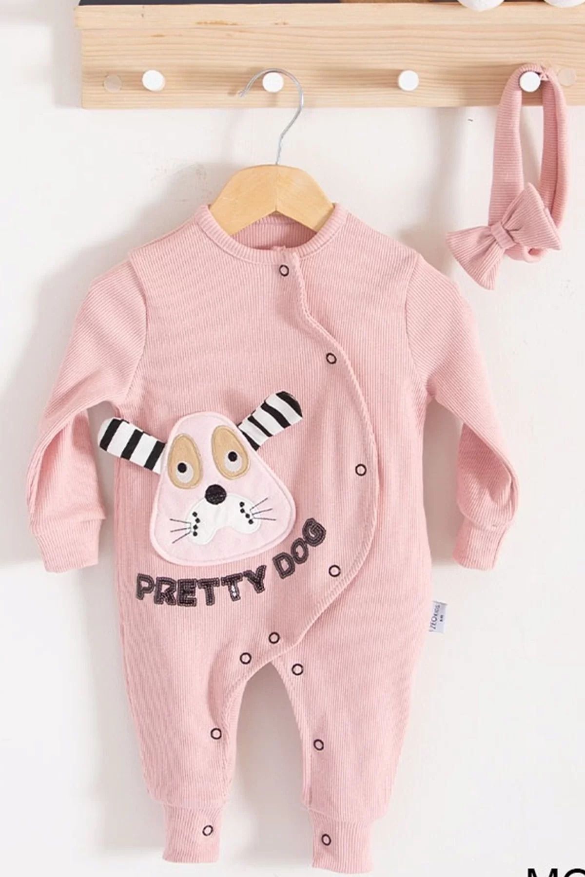 Shop58 Pretty Dog Nakışlı Bandanalı % 100 Pamuk Kız Bebek Tulumu