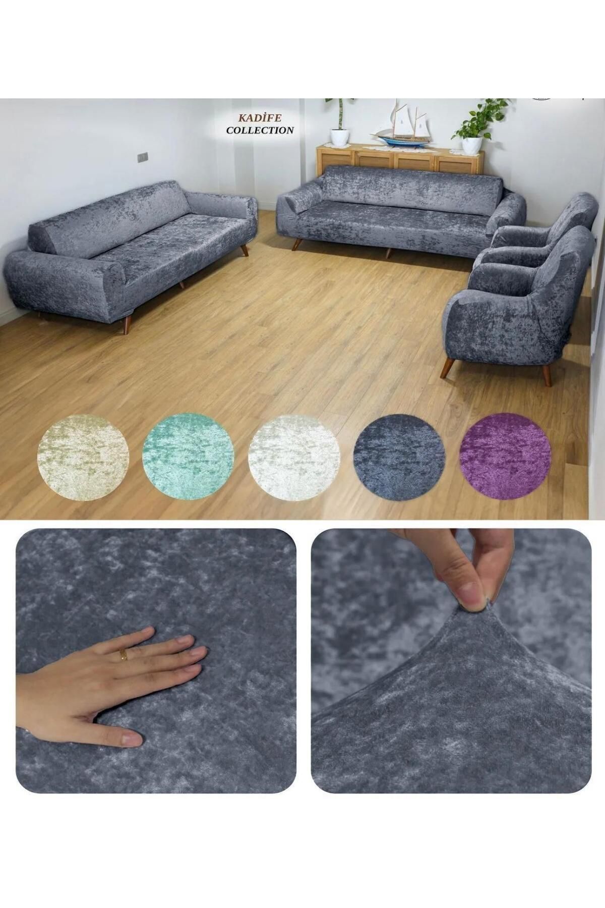 Home Lastikli Kadife Koltuk Örtü Seti 3+2+1+1