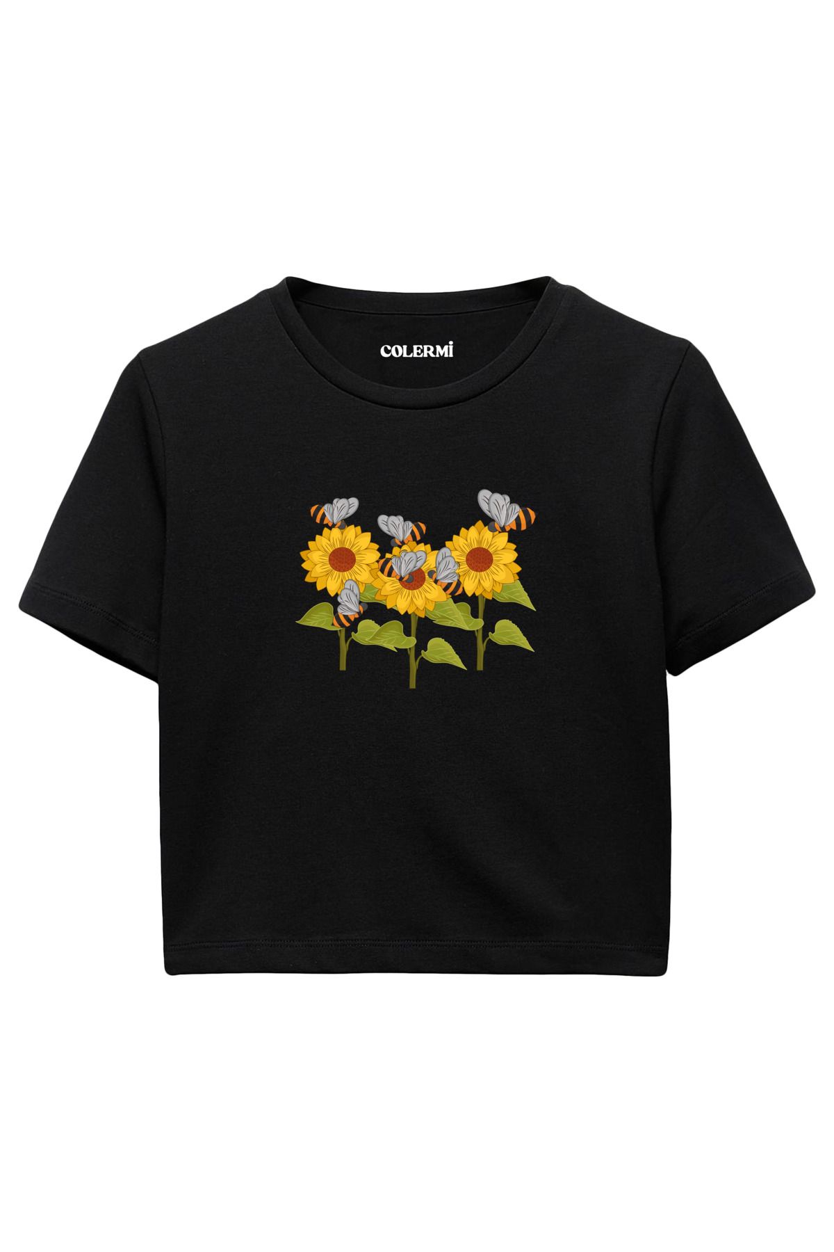 Colermi Ayçiçeği ve Arı İllüstrasyonlu Kadın Crop Tshirt
