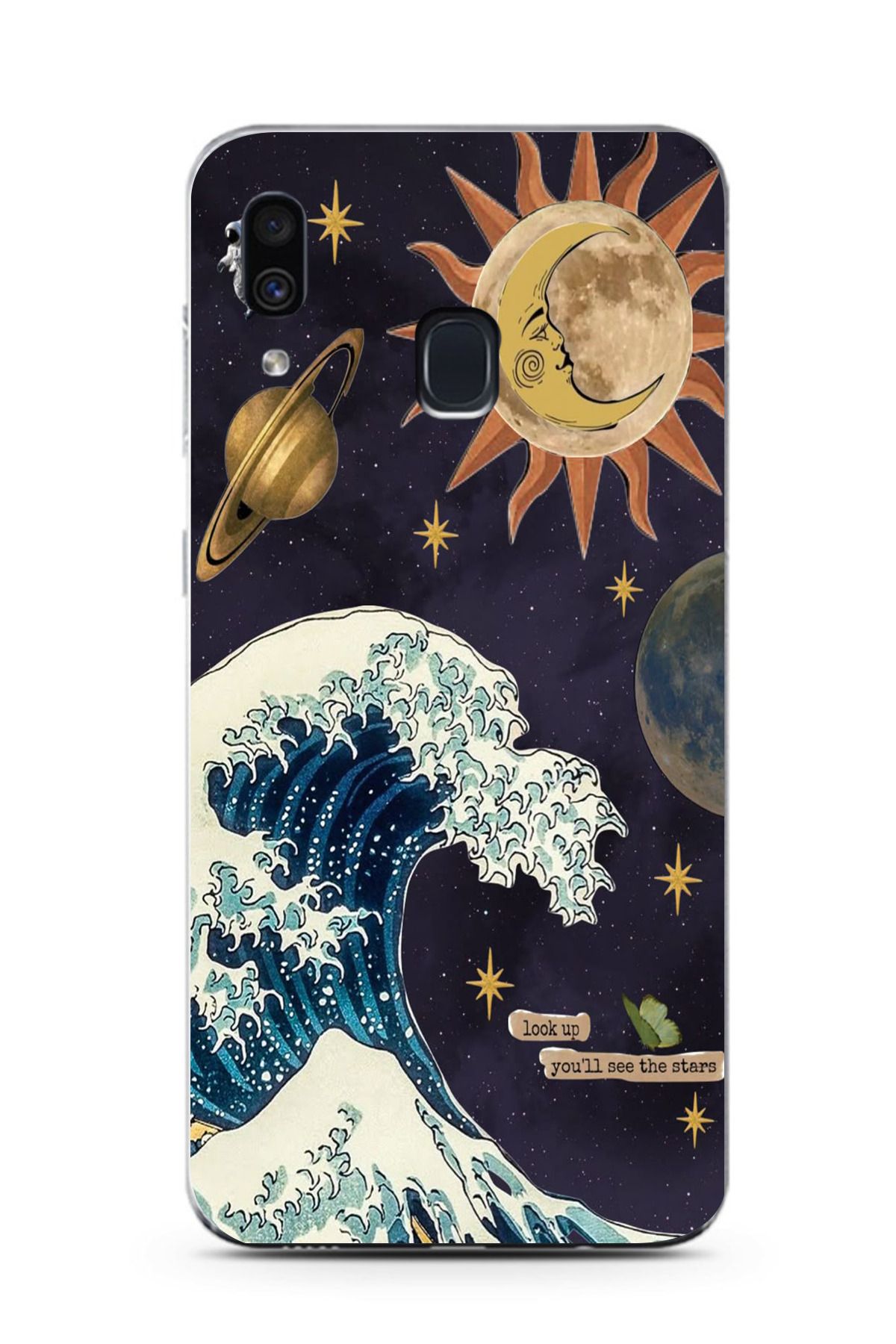 moonset Samsung Galaxy A20 / A30 Uyumlu Dalga ve Güneş Tasarımlı Baskılı Şeffaf Telefon Kılıfı