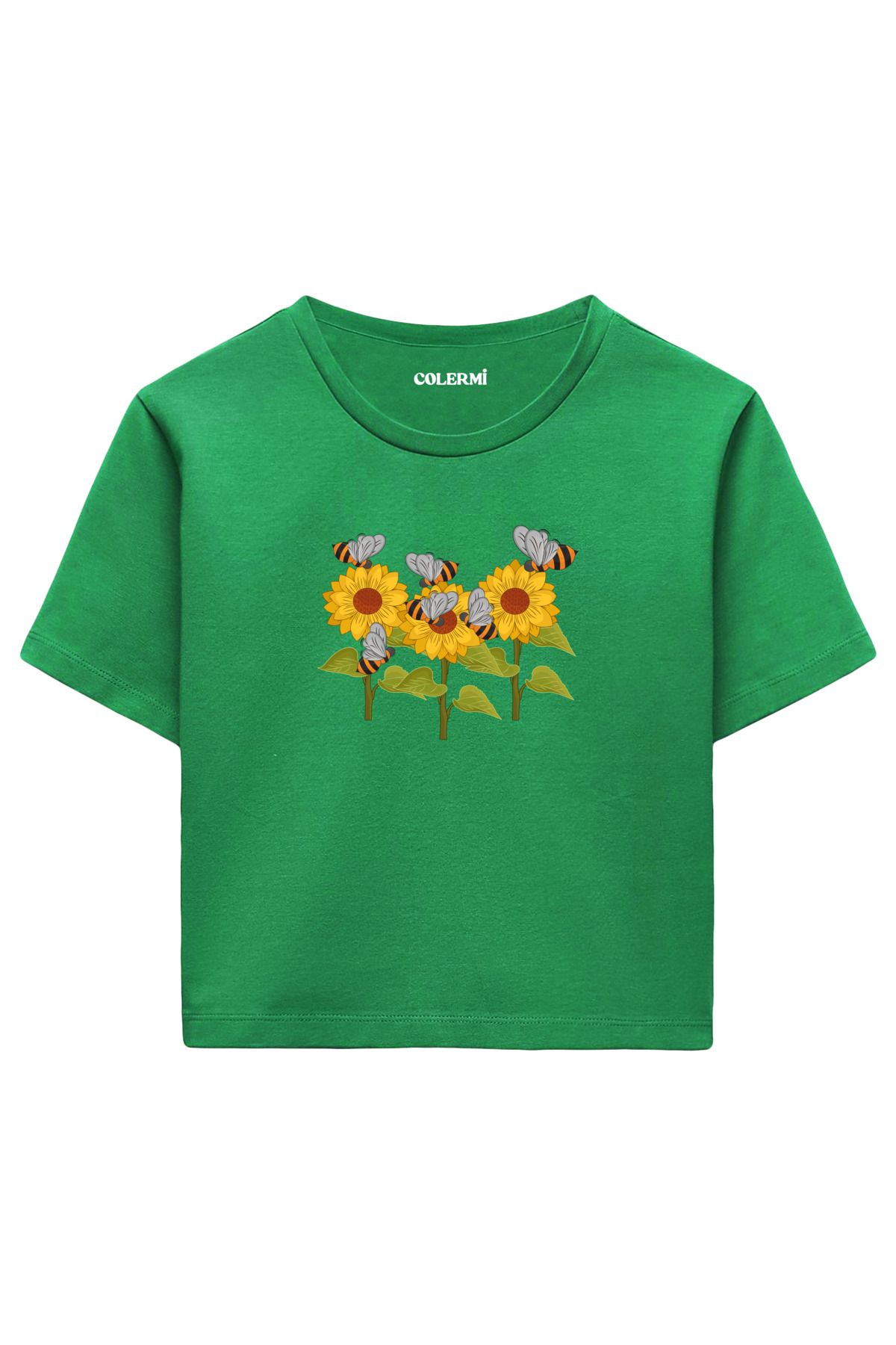 Colermi Ayçiçeği ve Arı İllüstrasyonlu Kadın Crop Tshirt