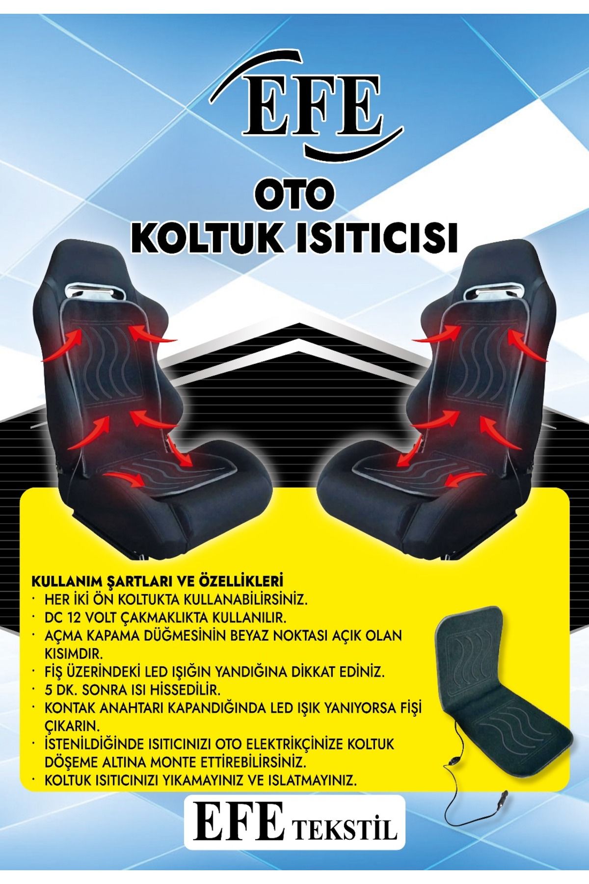 Efe Ds Isıtıcılı,ısıtmalı,ısıtıcı Oto Koltuk Minderi12 Volt Çakmaklıklı Açma Kapama Düğmeli