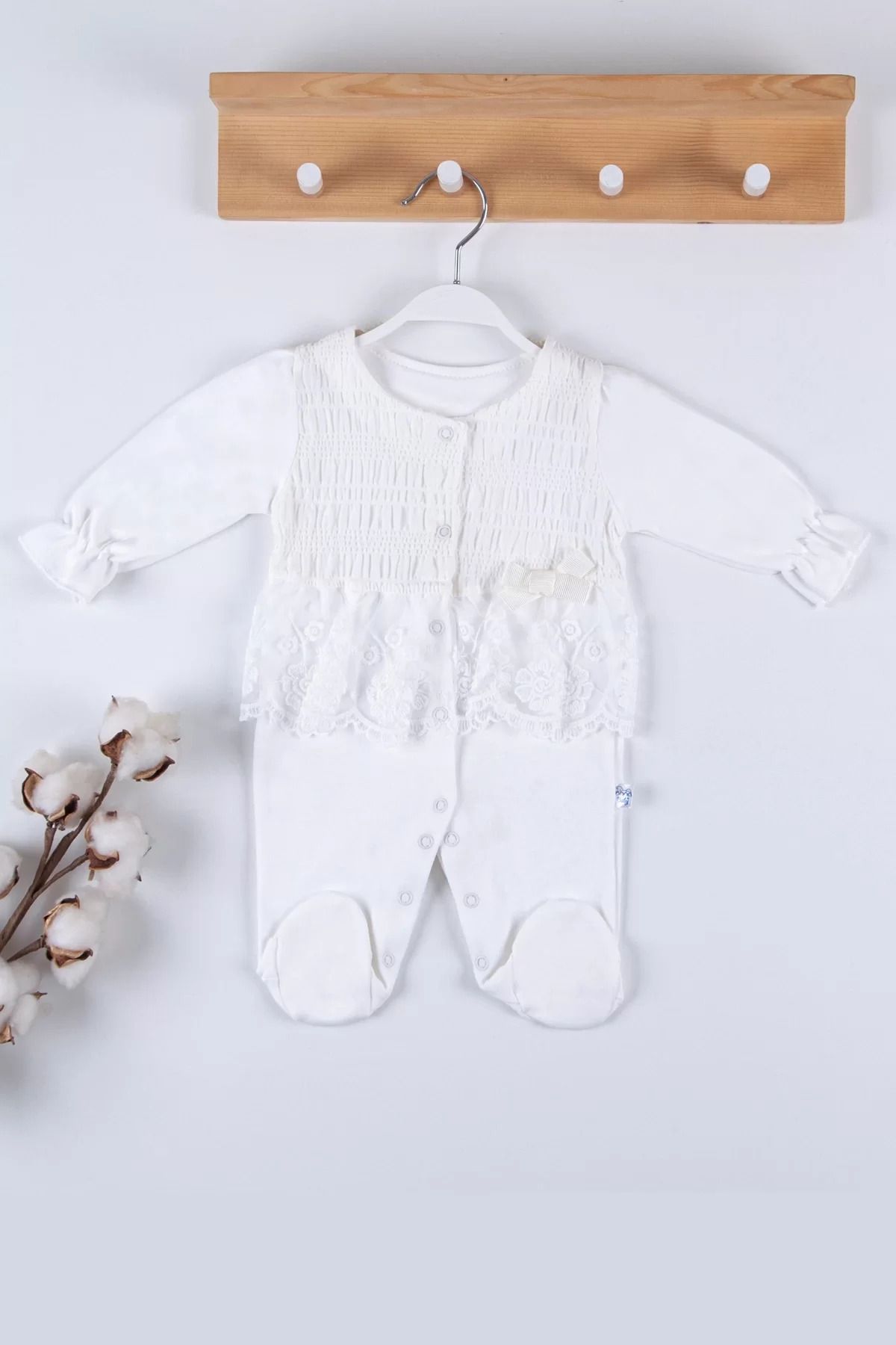 Shop58 Gofralı Fransız Güpürlü % 100 Pamuk Kız Bebek Tulumu