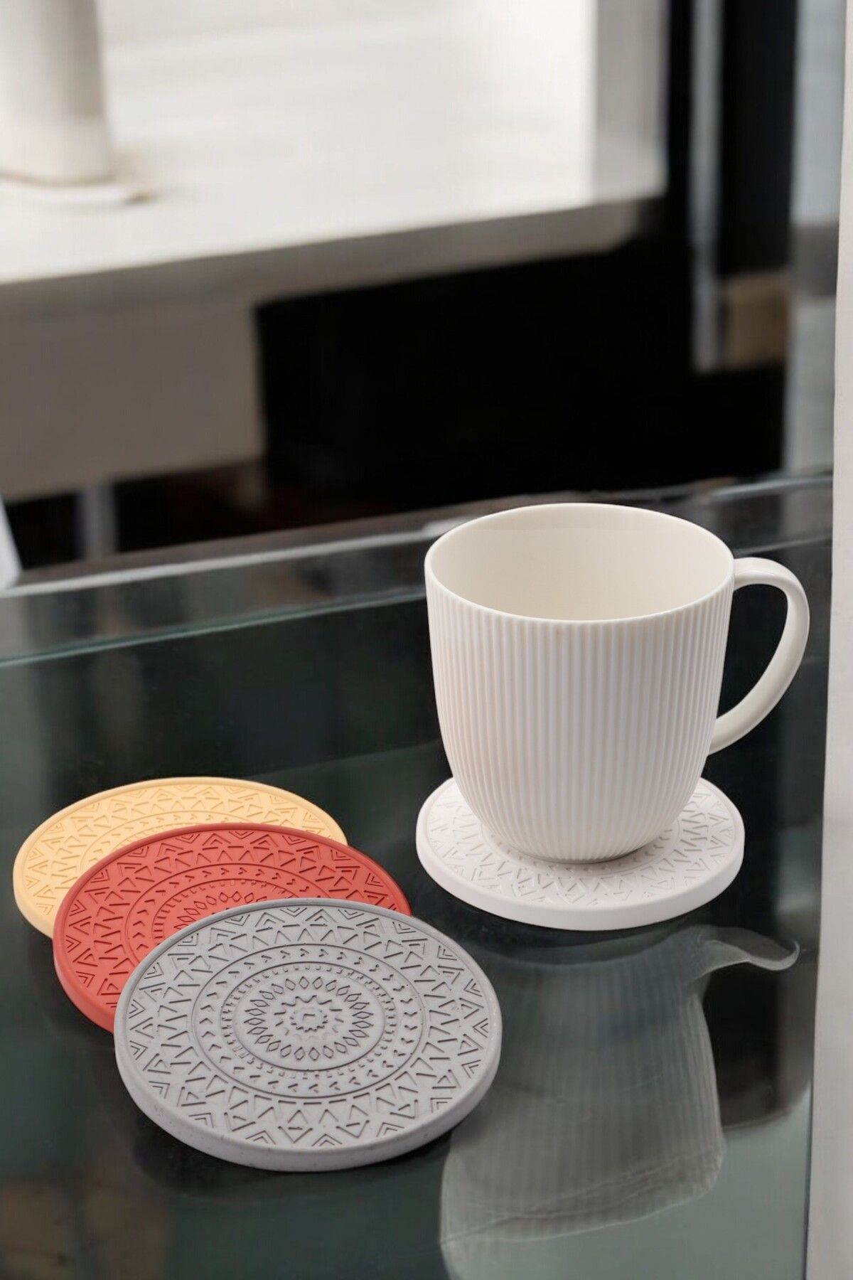 LUMİNA Bohem Desenli Beton Bardak Altlığı Seti – 10 cm - 4 Adet Beyaz Renk