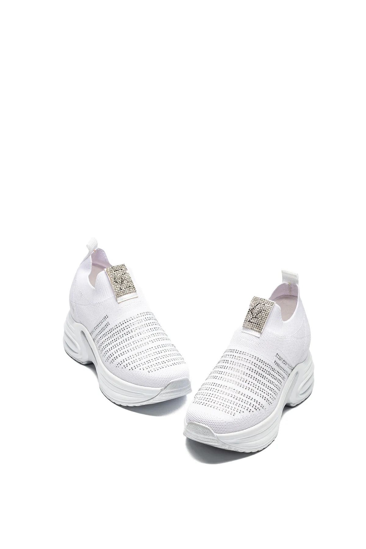 Moda Kadıköy KADIN BEYAZ GİZLİ TOPUKLU TAŞLI RAHAT YÜKSEK TABAN TRİKO SNEAKER AYAKKABI