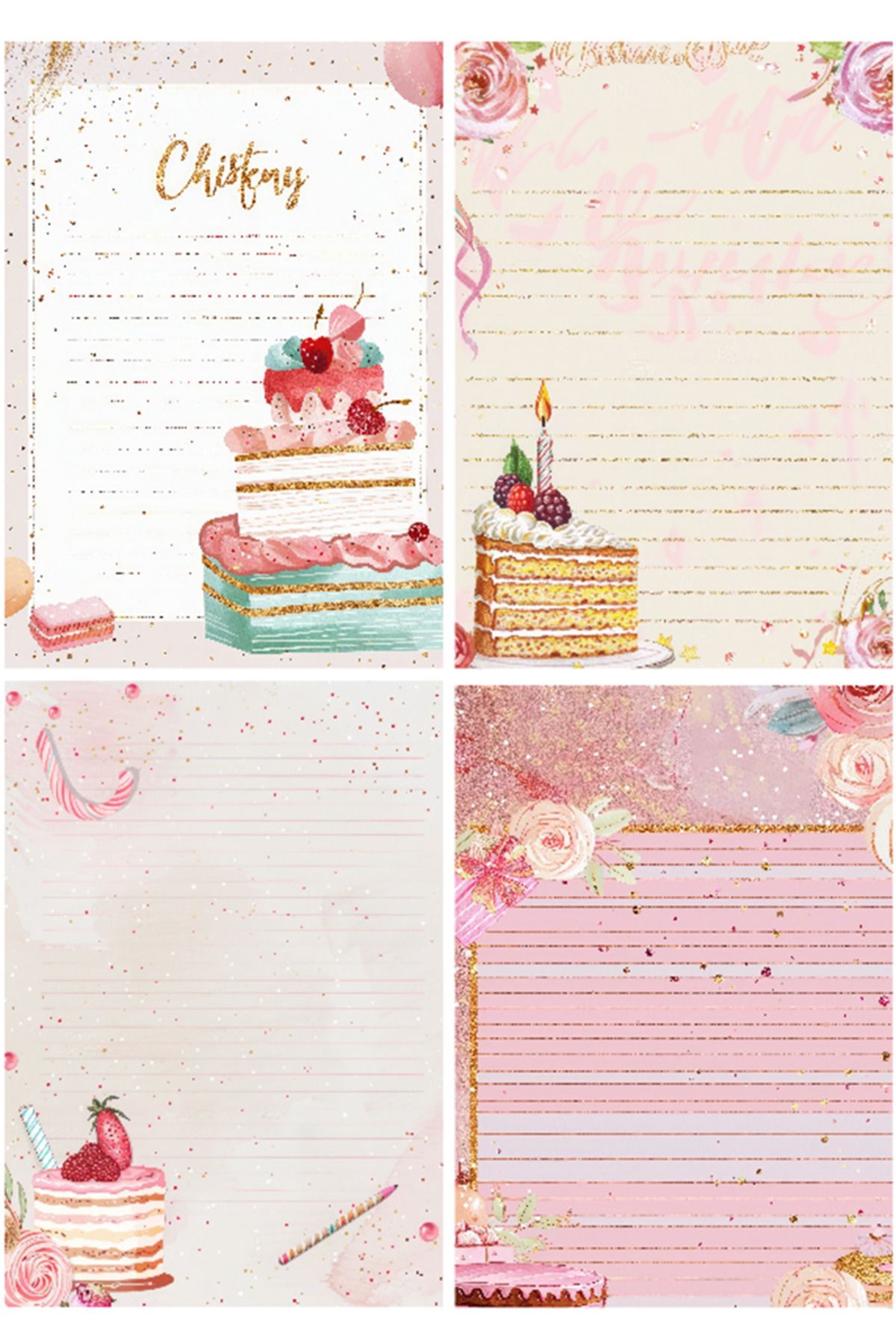 Hiras Dizayn 20adet Pasta Cupcake Doğumgünü Desenli A4 Sevimli Etkinlik Mektup Kağıdı Resimli A4