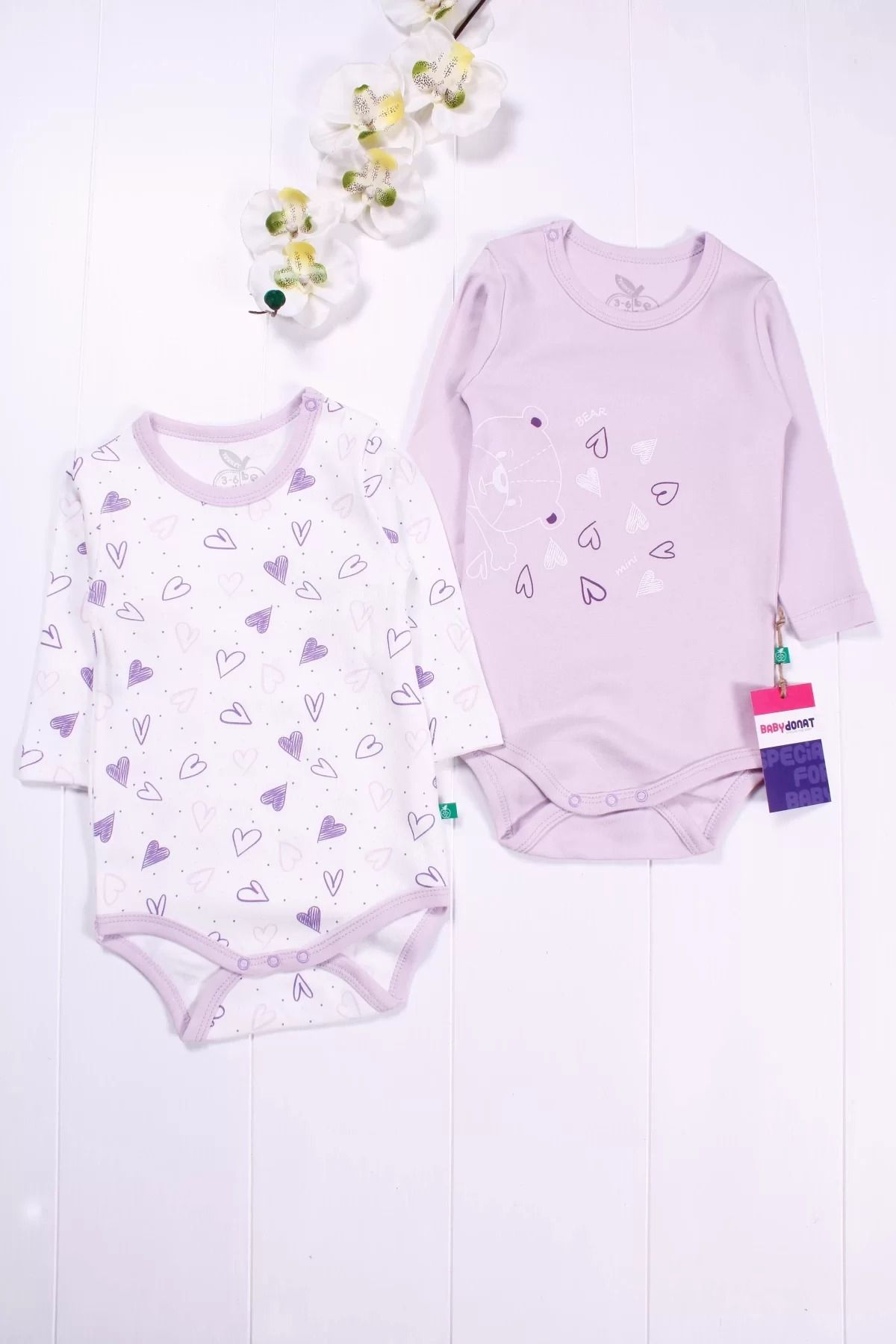Shop58 Kalp Desenli Uzun Kol 2'li Kız Bebek Body Seti