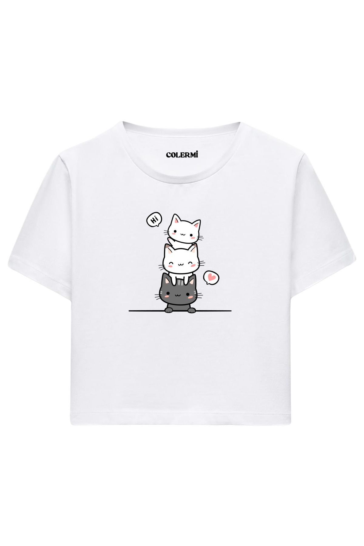 Colermi Üç Sevimli Kedi İllüstrasyonlu %100 Pamuk Kadın Crop Tshirt
