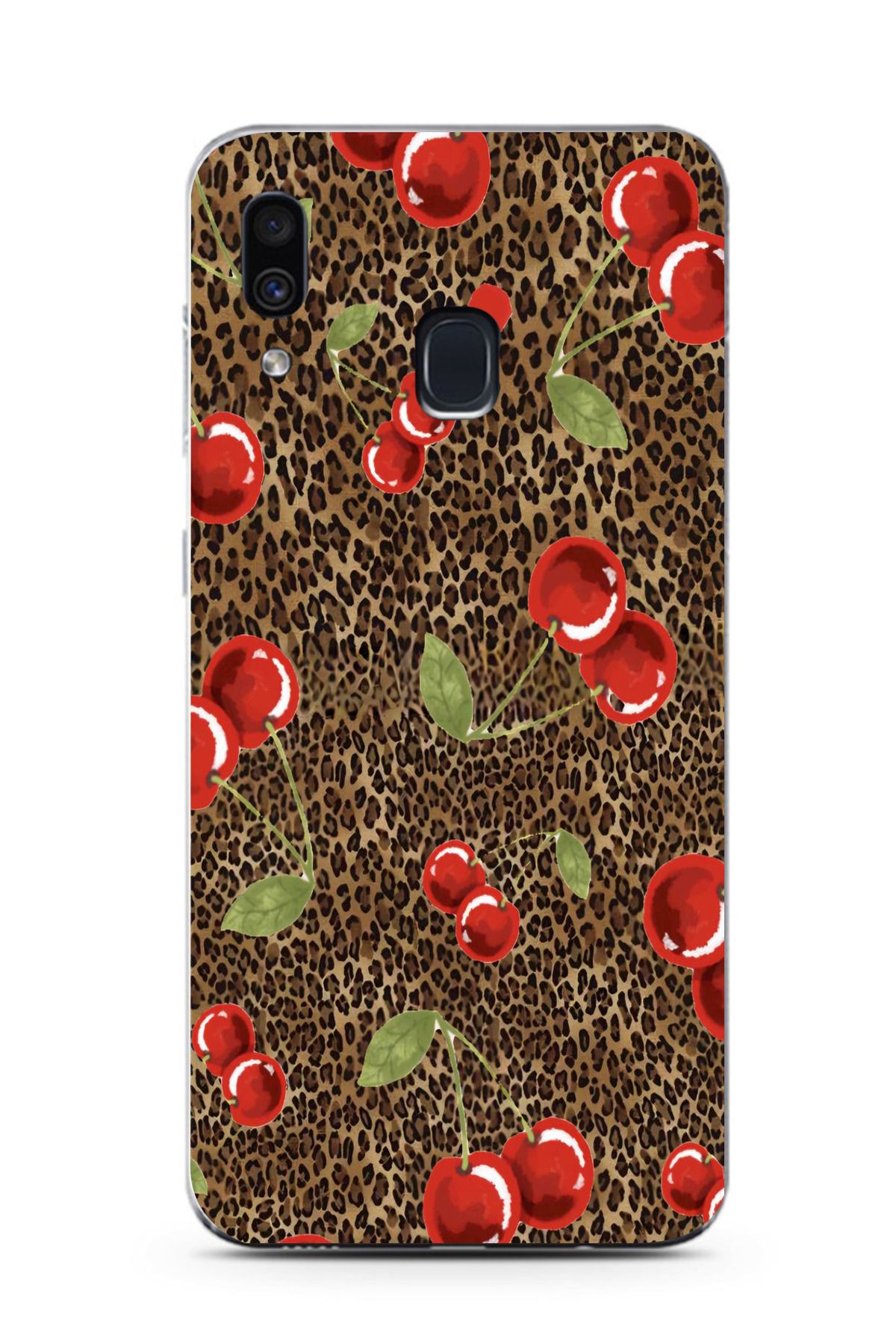 moonset Samsung Galaxy A20 / A30 Uyumlu Leopar ve Kiraz Tasarımlı Baskılı Şeffaf Telefon Kılıfı