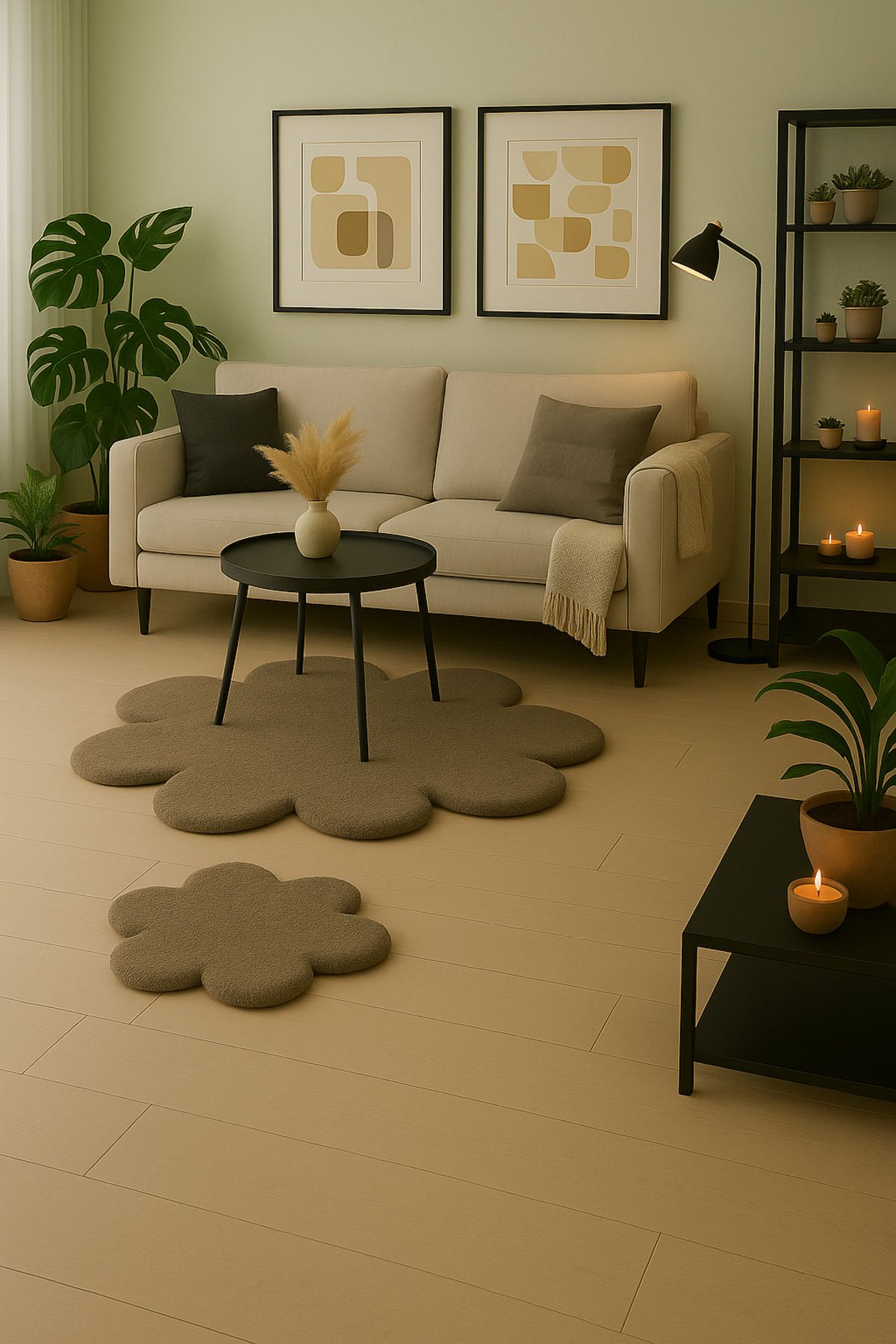 Paco Home Çiçek Desenli Yumuşak Salon Halısı Modern Minimalist Dekoratif Halı 2'li Set (100x100-80x80)