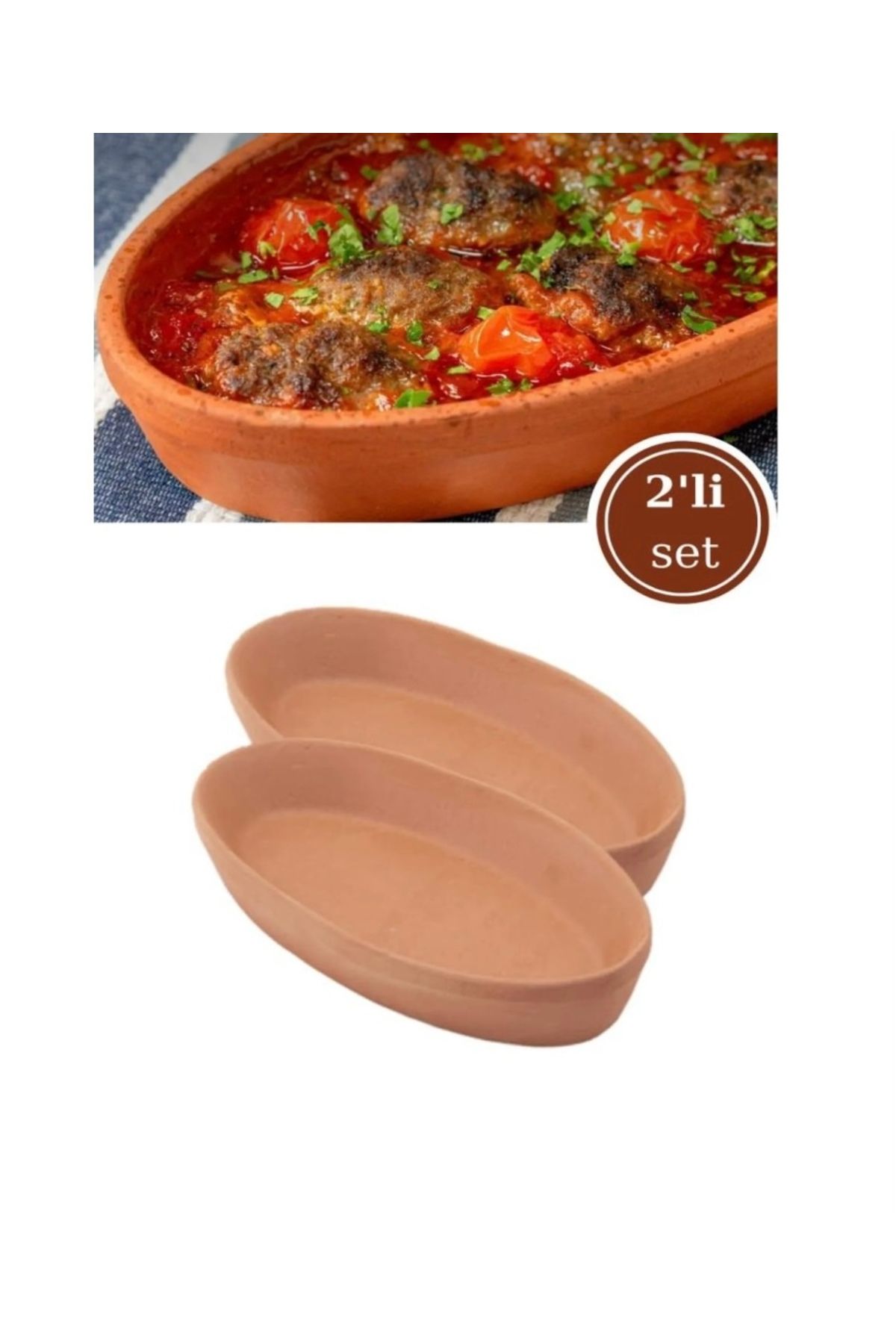 abnturk 2’Li Toprak Oval 23Cm Güveç Fırın Kabı Kayık Güveç İçi Sırlı Organik Pişirme Kabı