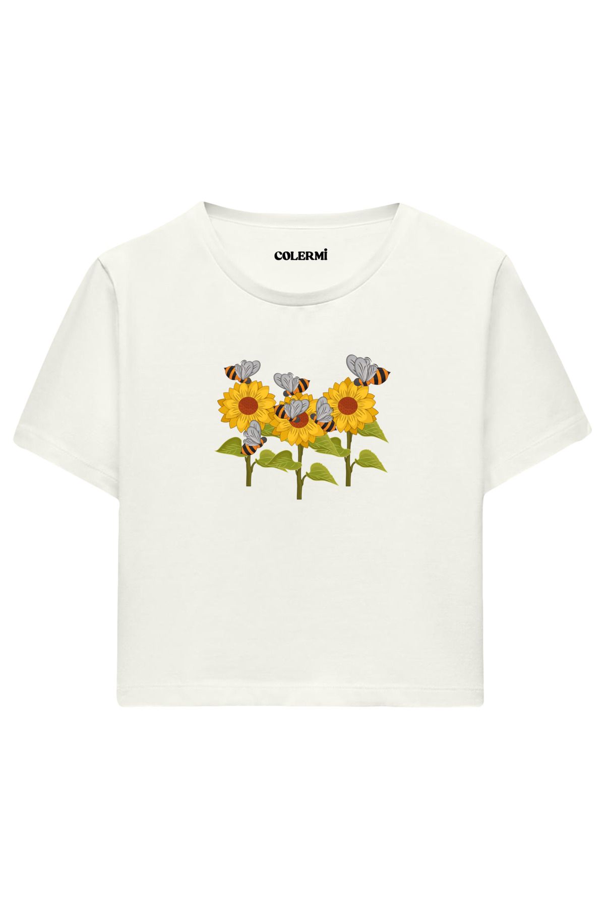 Colermi Ayçiçeği ve Arı İllüstrasyonlu Kadın Crop Tshirt