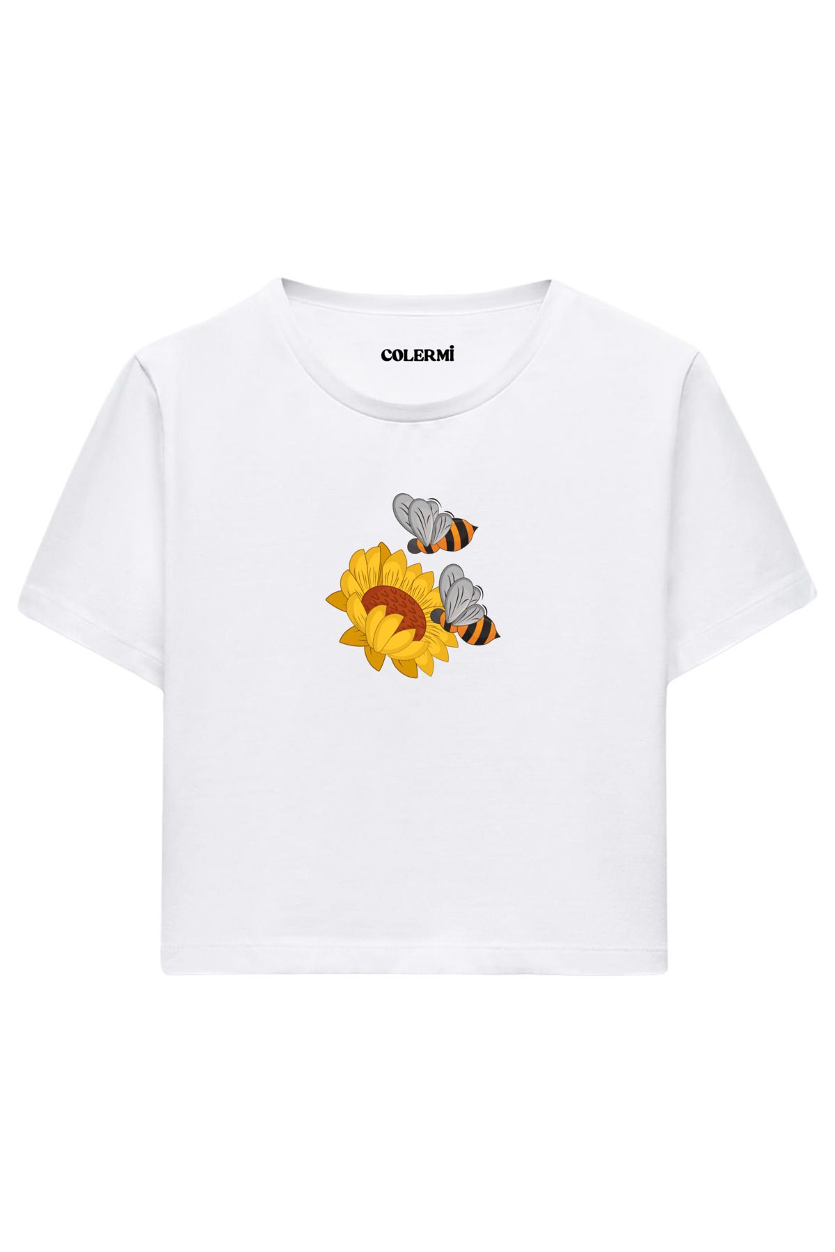 Colermi Ayçiçeği ve İki Arı İllüstrasyonlu %100 Pamuk Kadın Crop Tshirt