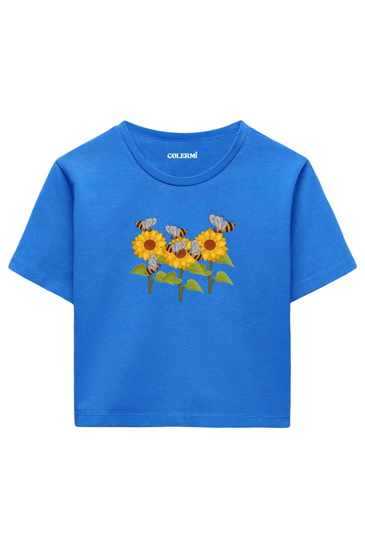 Colermi Ayçiçeği ve Arı İllüstrasyonlu Kadın Crop Tshirt