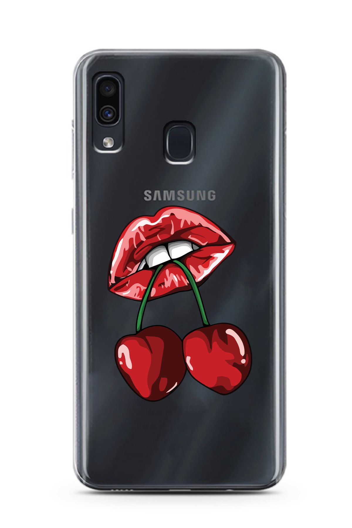 moonset Samsung Galaxy A20 / A30 Uyumlu Dudak ve Kiraz Tasarımlı Baskılı Şeffaf Telefon Kılıfı
