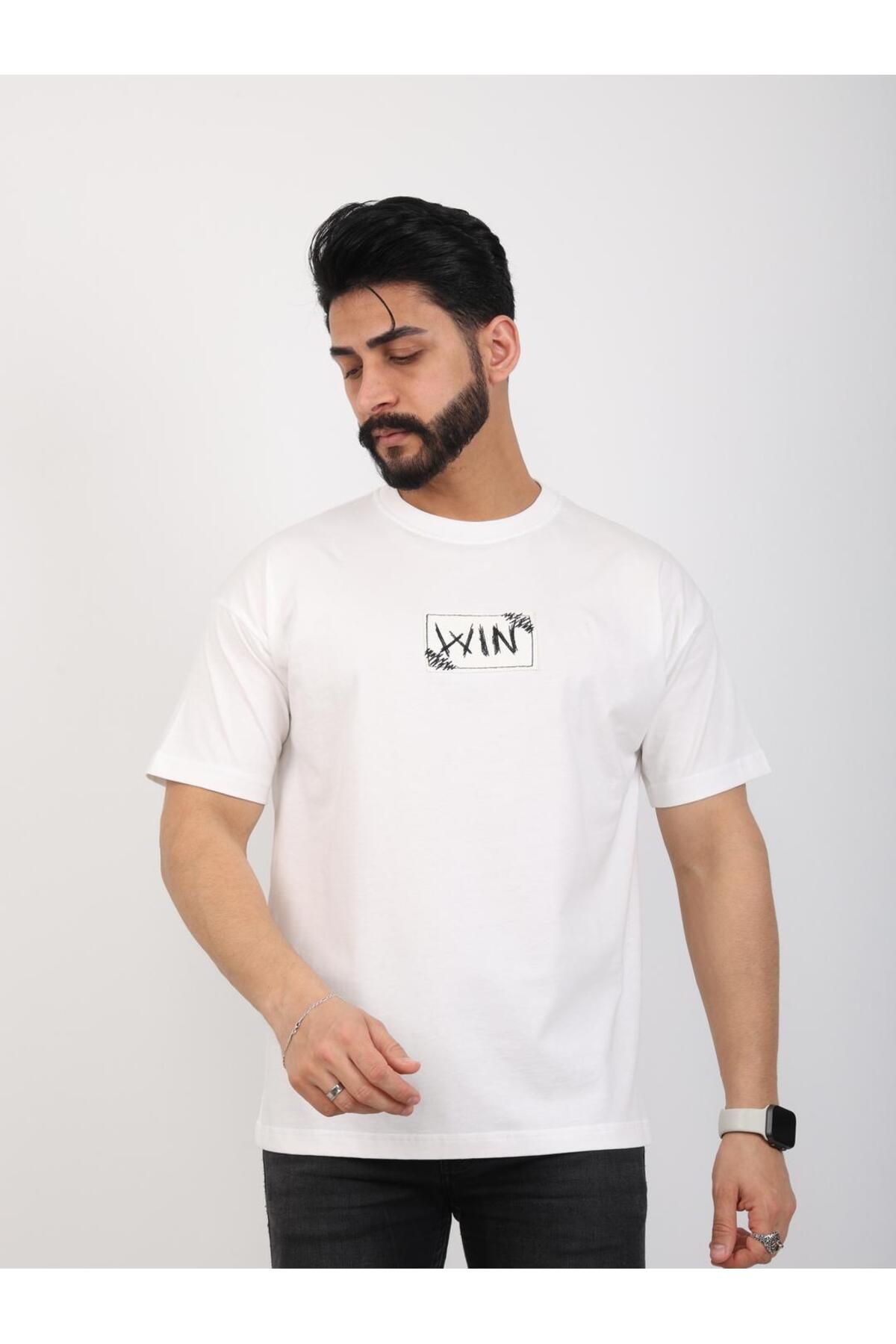 twentyfive25 Erkek Bisiklet Yaka Baskılı Oversize Tişört