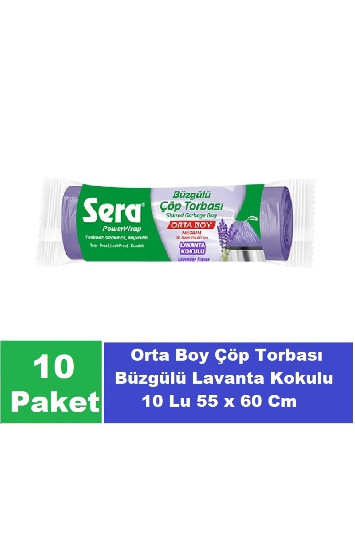 SERA Çöp Torbası Büzgülü Lavanta Kokulu Orta Boy 10 Lu 55 x 60 Cm x 10 Paket