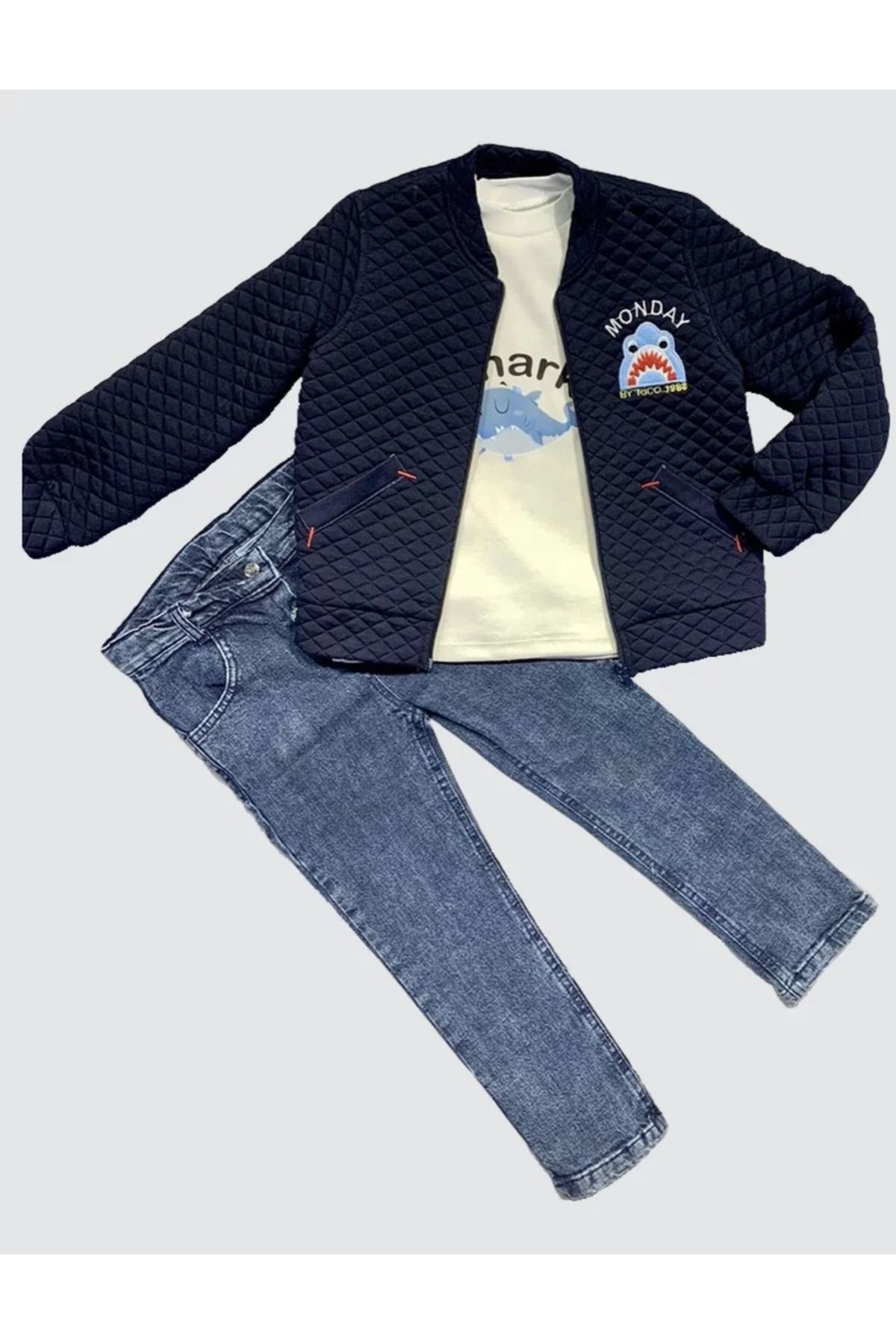 Shop58 4-5-6 Yaş Kot Pantolonlu Pilot Mont Uzun Kollu Penye Sweat 3lü Erkek Çocuk Takımı