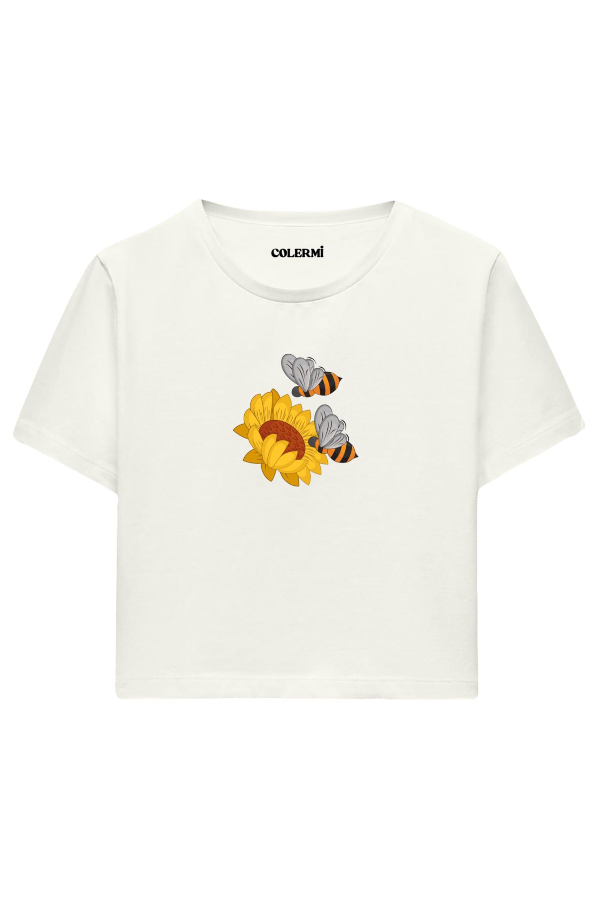 Colermi Ayçiçeği ve İki Arı İllüstrasyonlu %100 Pamuk Kadın Crop Tshirt