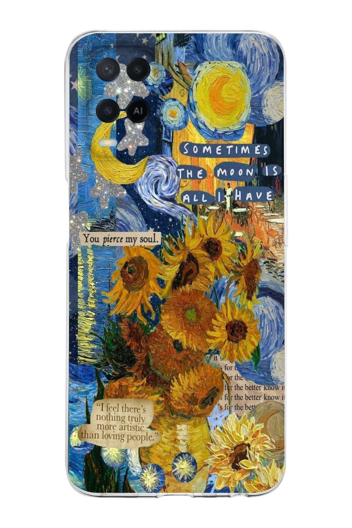 moonset Oppo A54 Uyumlu Van Gogh Tasarımlı Baskılı Şeffaf Telefon Kılıfı