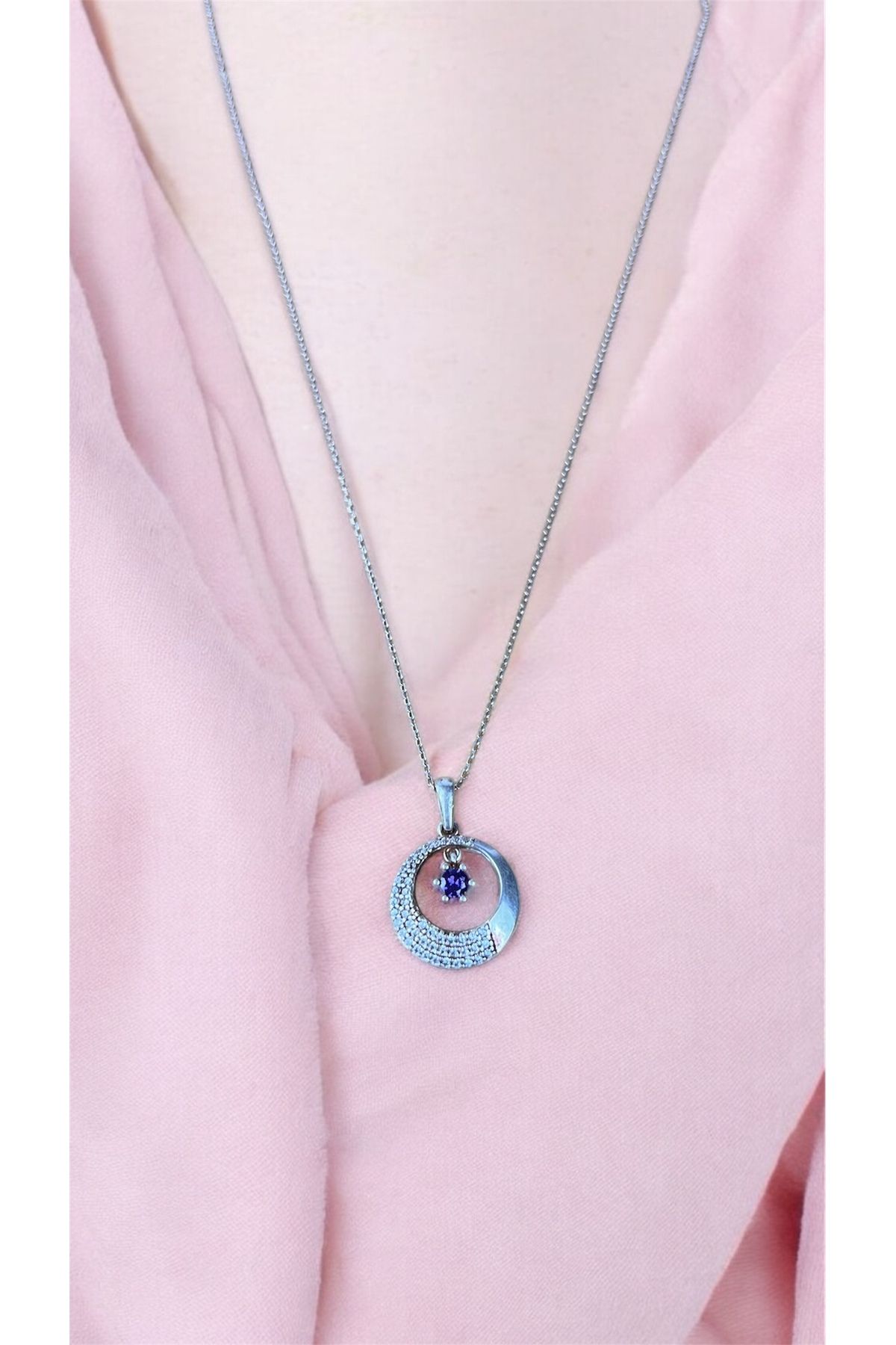 BEMUU STORE 925 Ayar Gümüş Ametist Taşlı Yuvarlak Kolye