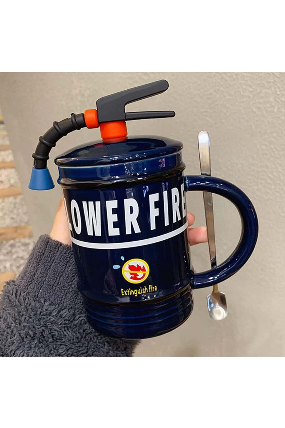 PUFO-Cană ceramică Stop Fire cu capac și linguriță pentru cafea sau ceai, 400 ml, albastră 4