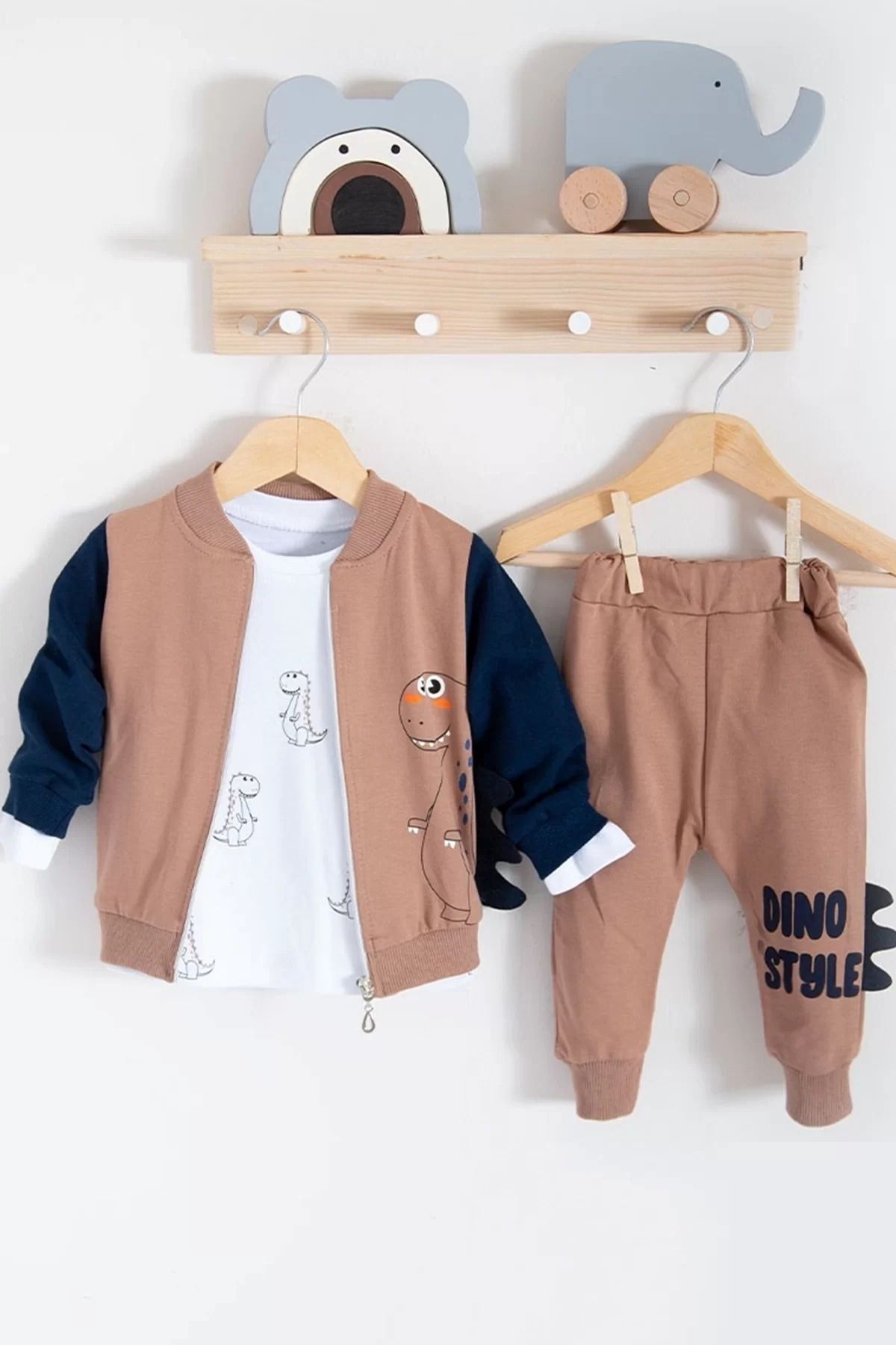 Shop58 Dinazor Desenli Hırkalı 3'lü Erkek Bebek Takım