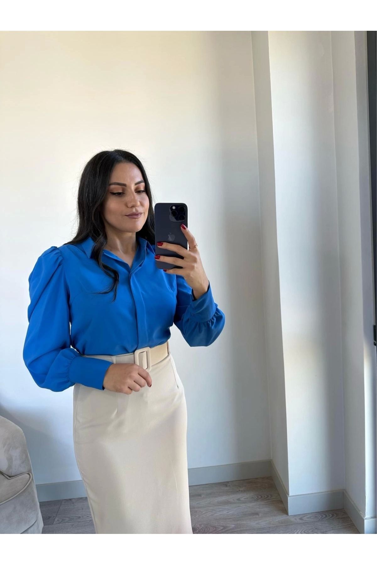 olina boutique Balon Kol Vatkalı Şifon Gömlek Mavi