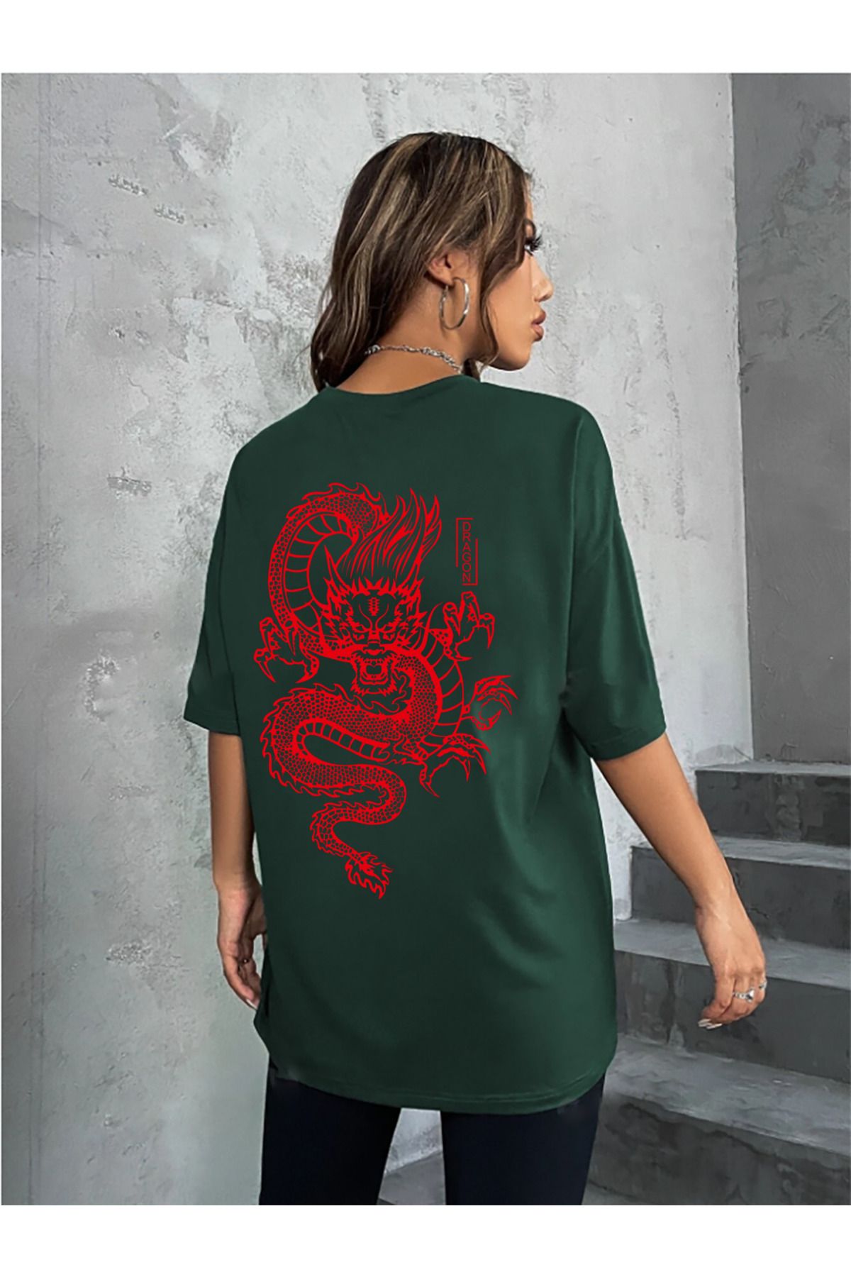 memowear Unisex Kızıl Ejder Baskılı Rahat Kesim Yeşil T-Shirt