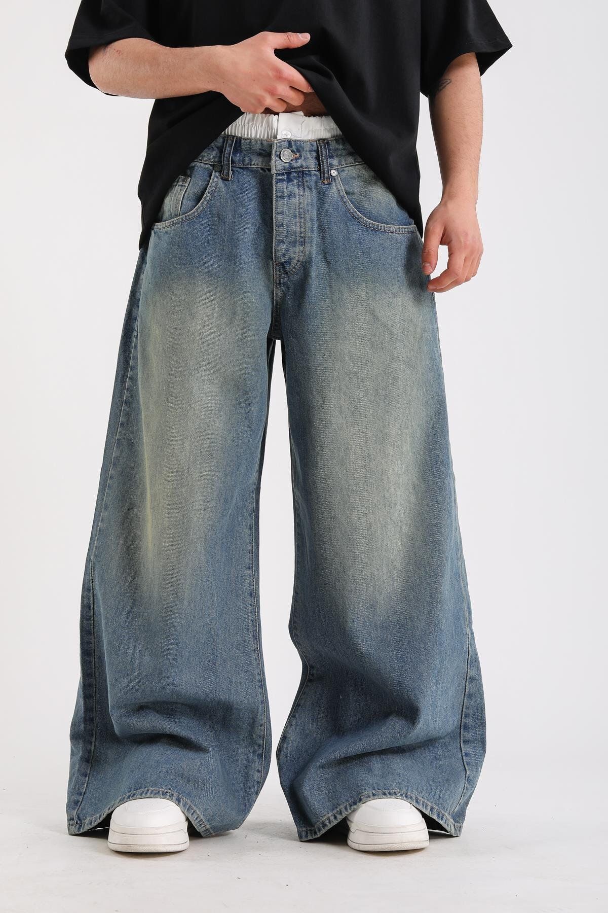 Jr.Crime Boxer Detay Eskitme Efektli Koyu Mavi Baggy Jean Pantolon