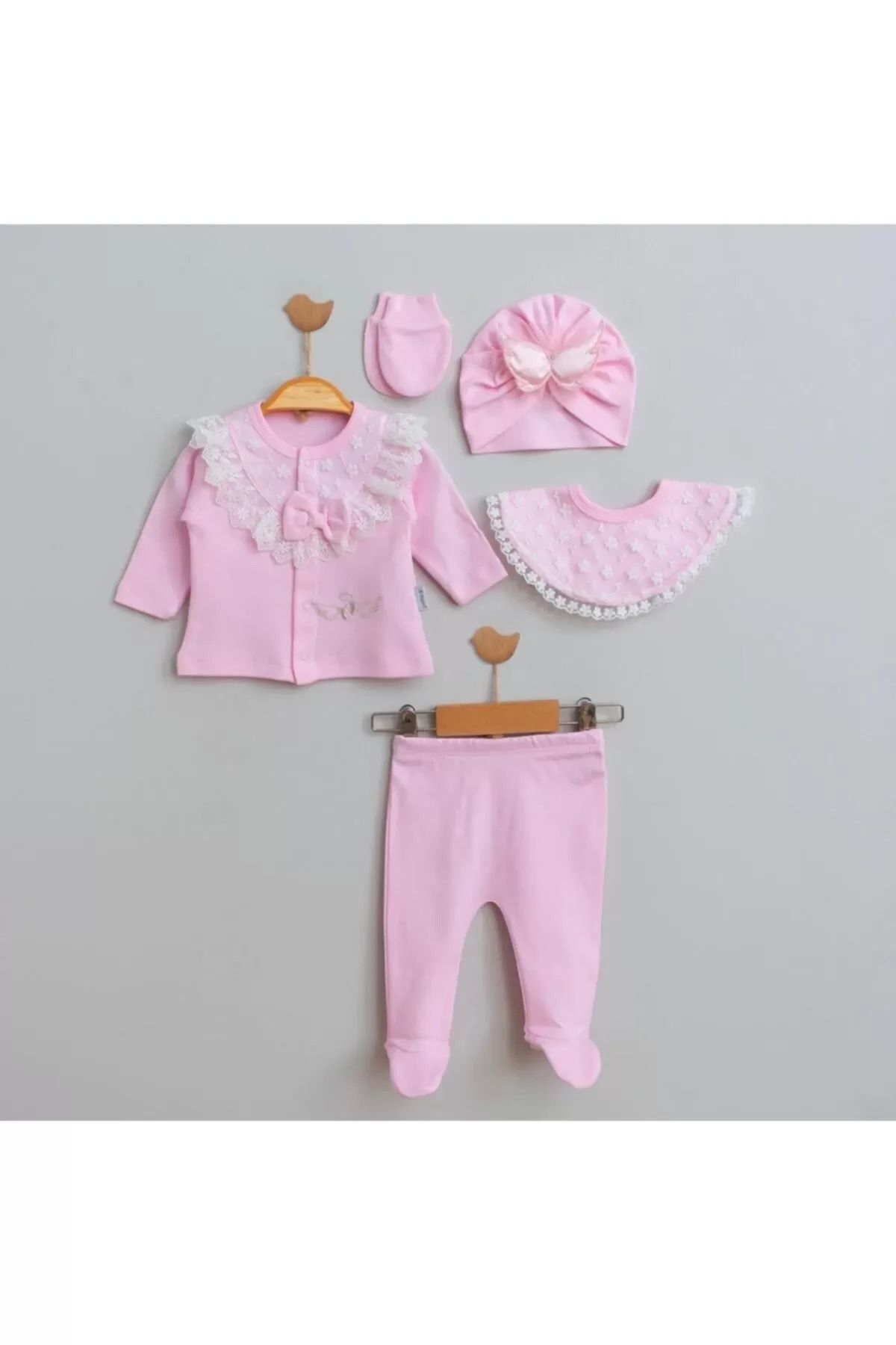 Shop58 Melek Kanatlı % 100 Pamuk 5'li Kız Bebek Hastane Çıkış Seti