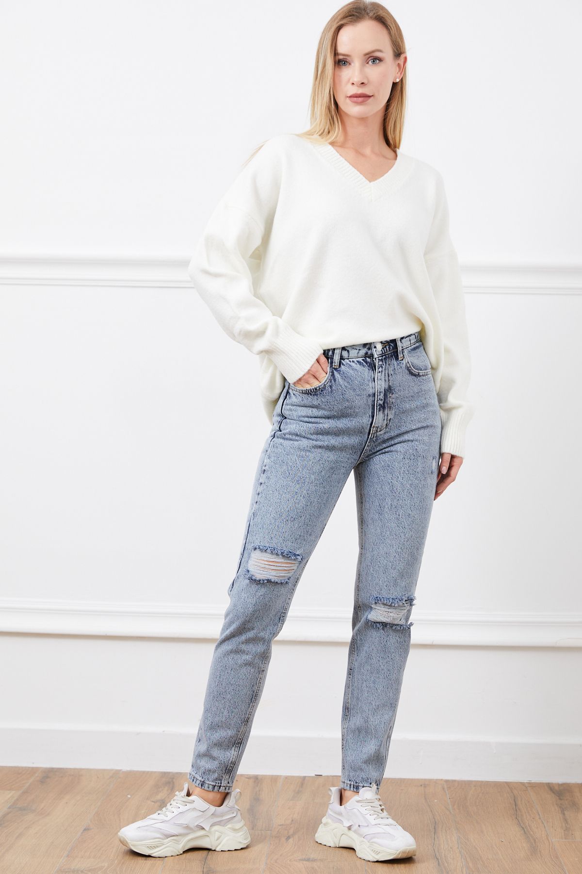 MODA Yüksek Bel Yırtmaçlı Mom Jean Pantolon