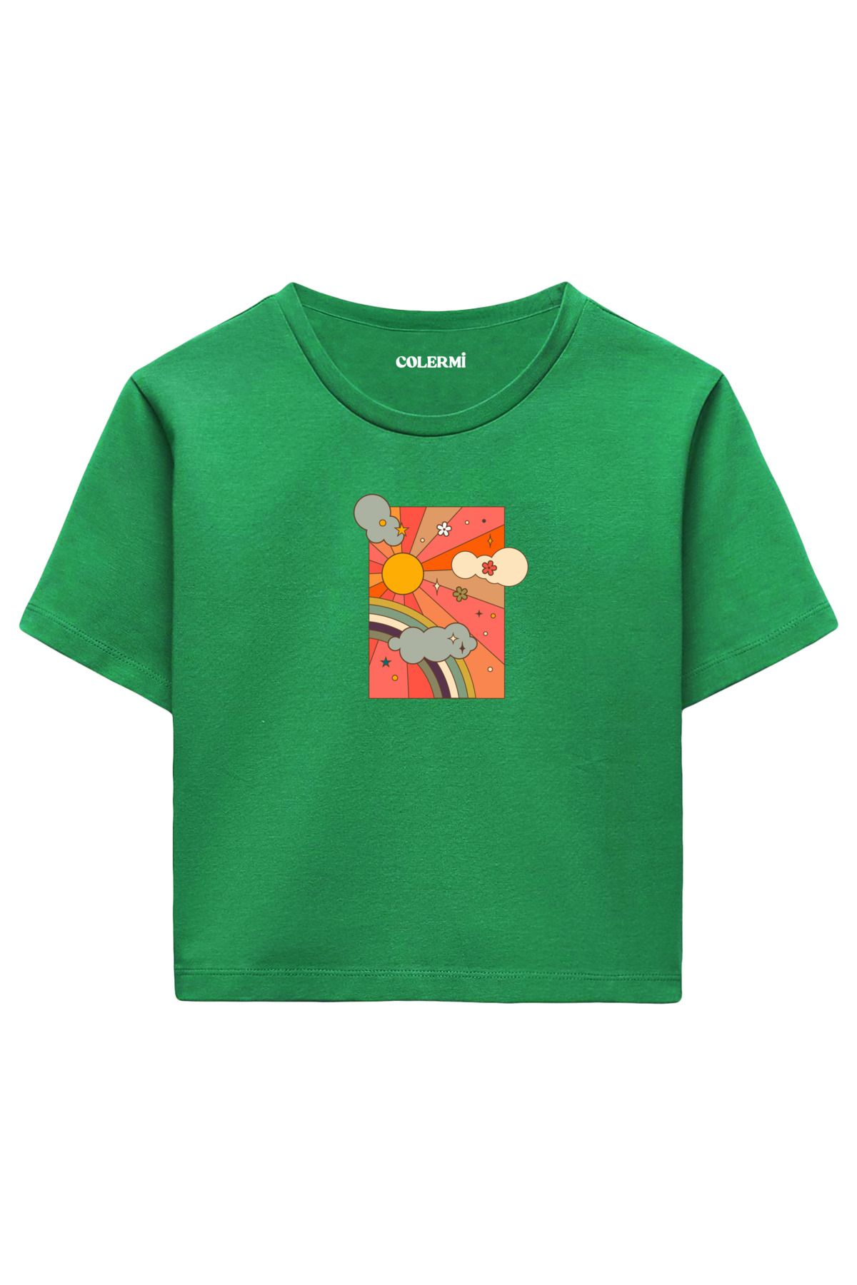 Colermi Retro Güneş ve Gökkuşağı Desenli %100 Pamuk Kadın Crop Tshirt