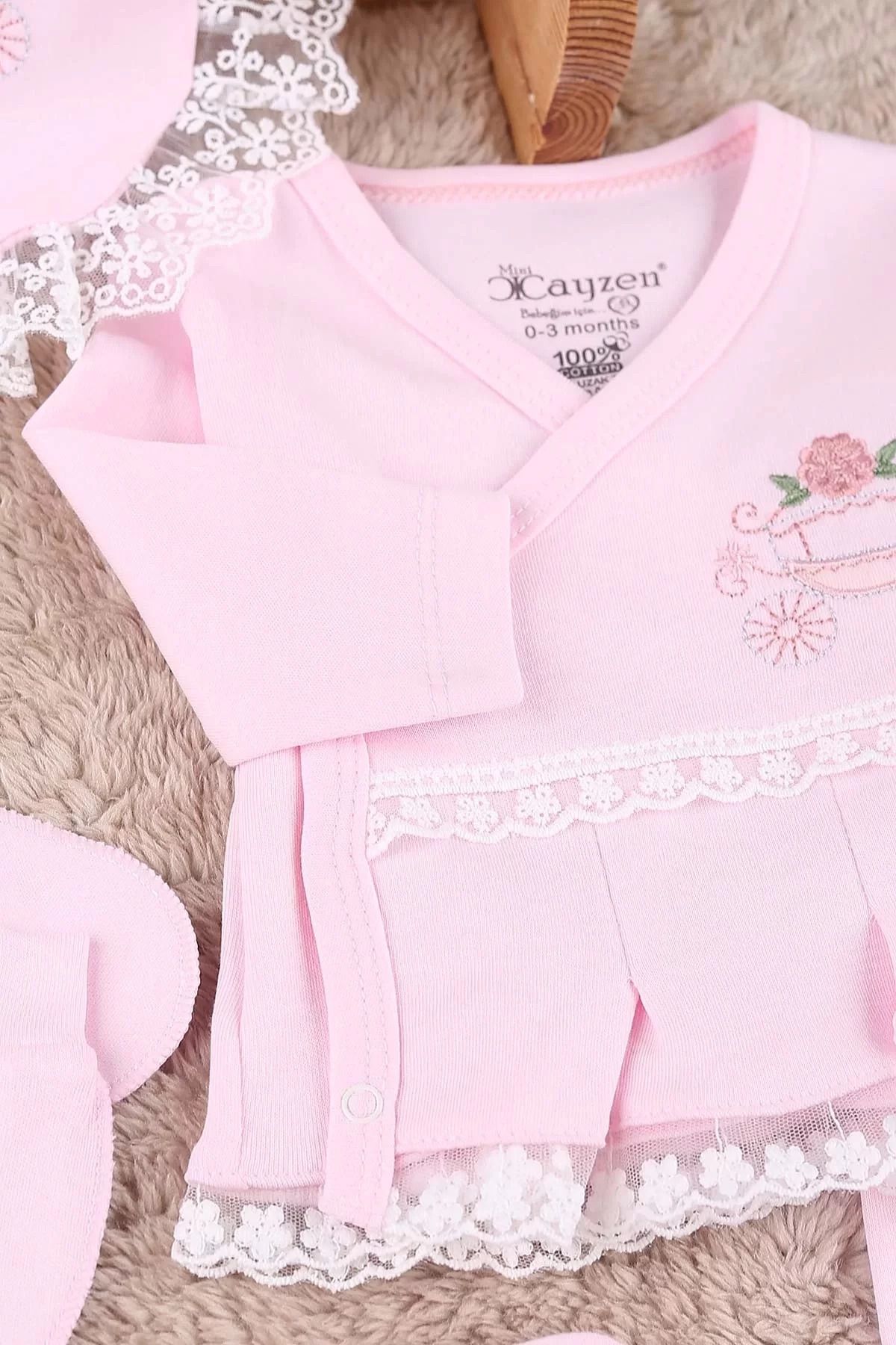Shop58 Çiçekli Araba Nakışlı Dantelli 5'li Kız Bebek Hastane Çıkışı 0-3 Ay