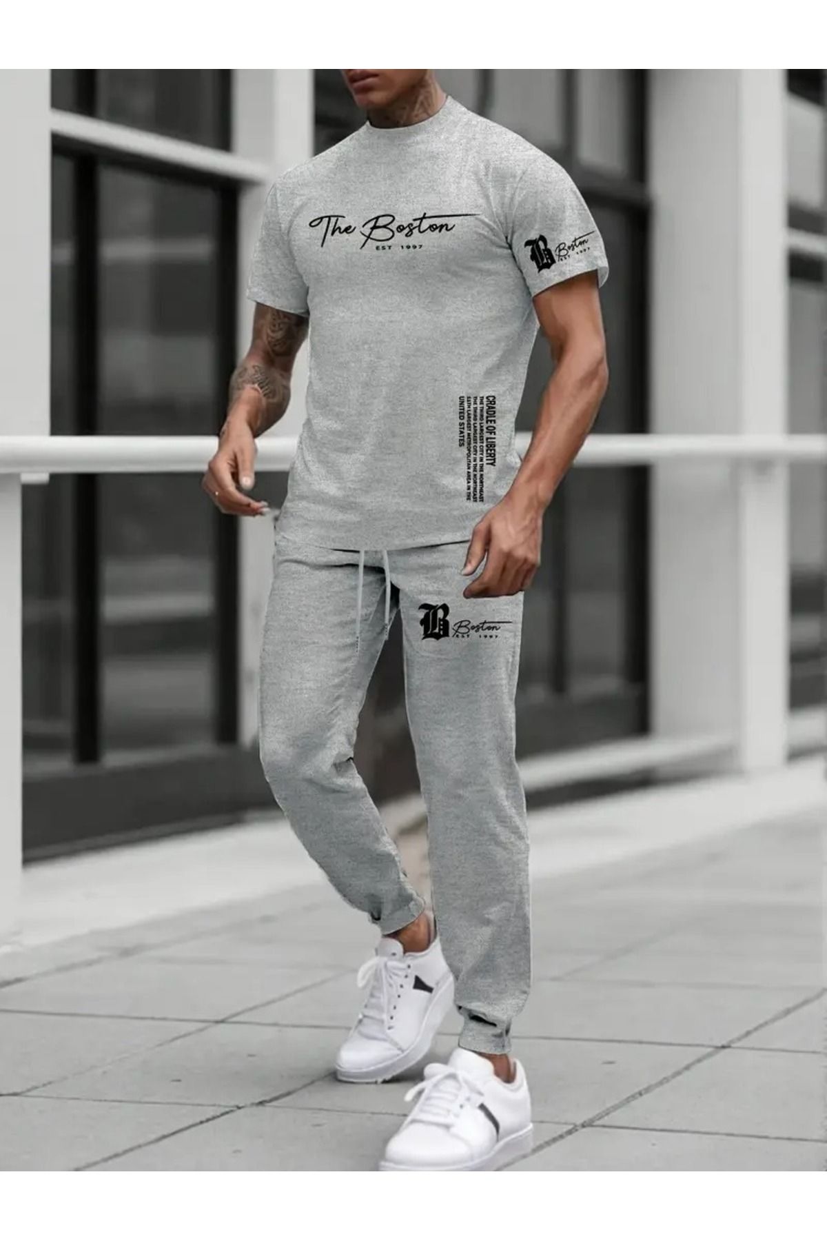 PAVRO Eşofman Takımı Jogger Thebostn baskılı - Oversize Tshirt
