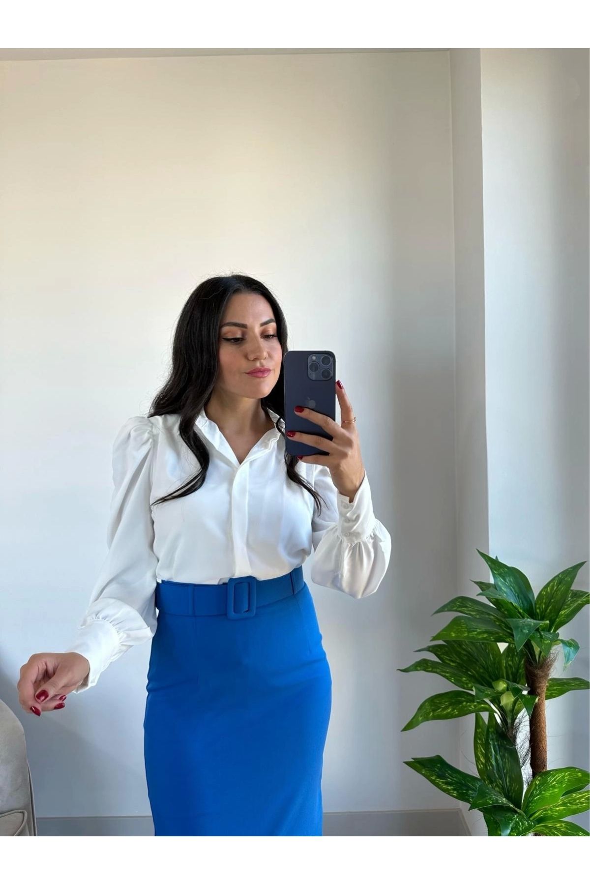 olina boutique Balon Kol Vatkalı Şifon Gömlek Beyaz