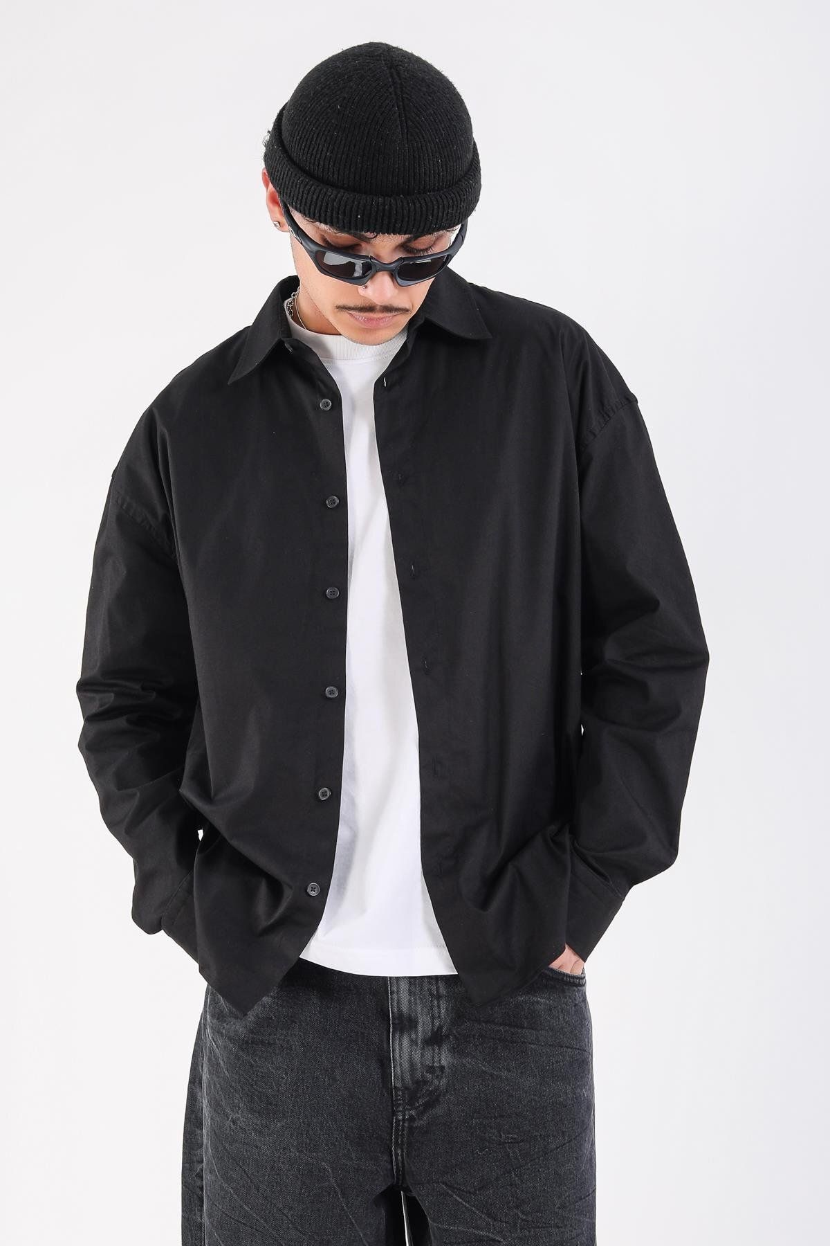 Jr.Crime Siyah Oversize Uzun Kol Basic Gömlek