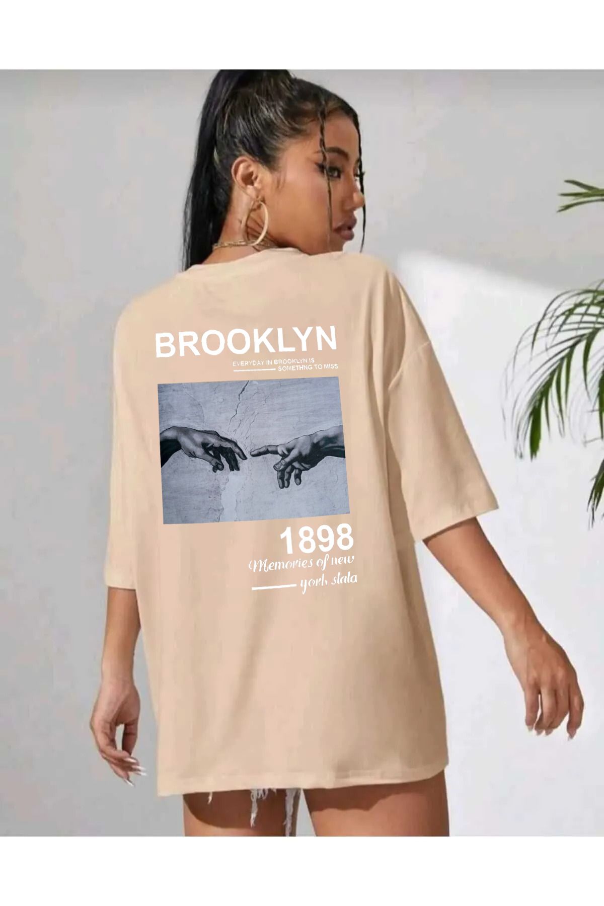 qavnas Unisex El Baskılı Rahat Kesim Bej T-Shirt